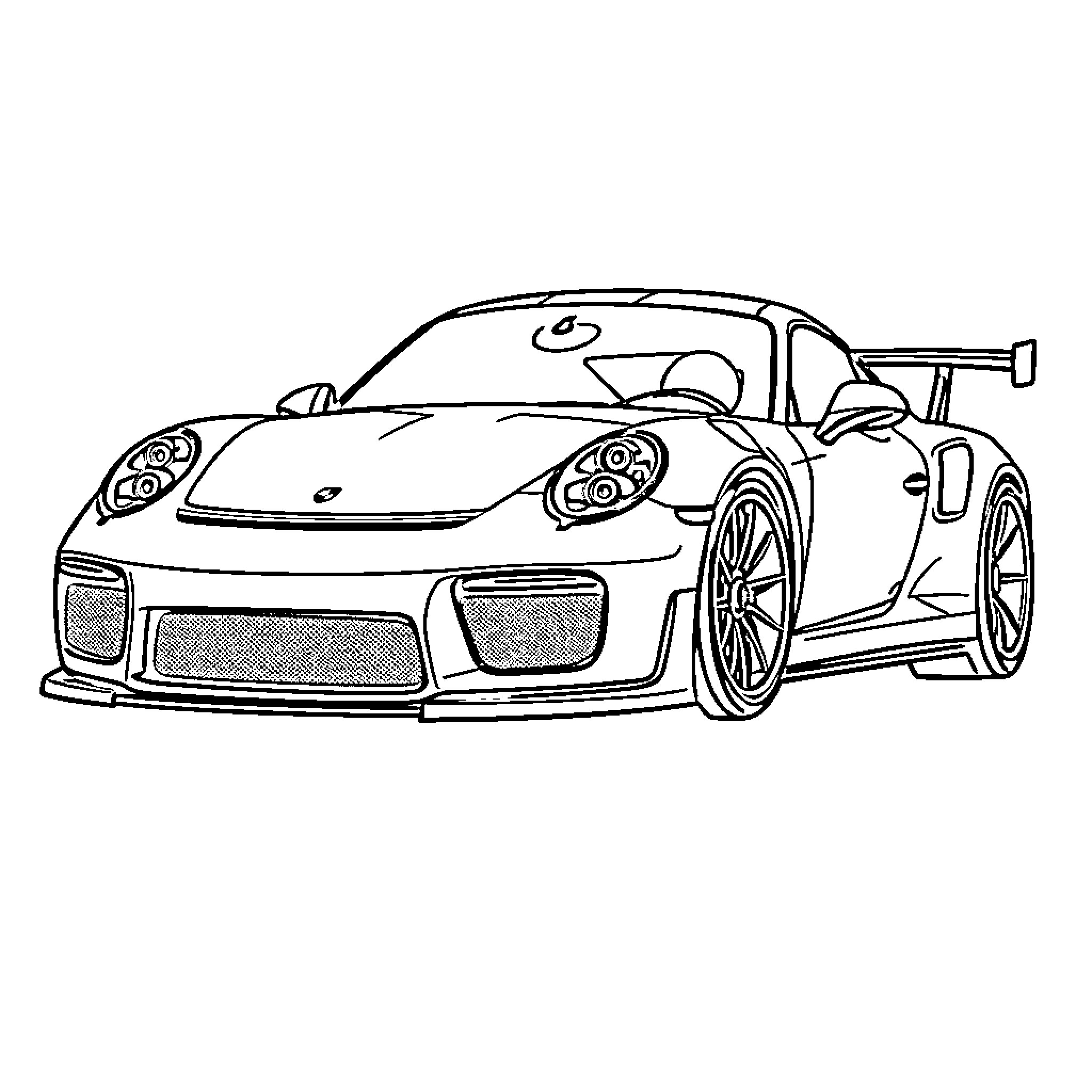 Porsche sports car in racing stance Coloring Page (free black-and-white line drawing printable PDF for all, from beginners to advanced learners, including children, teens, adults, and seniors)