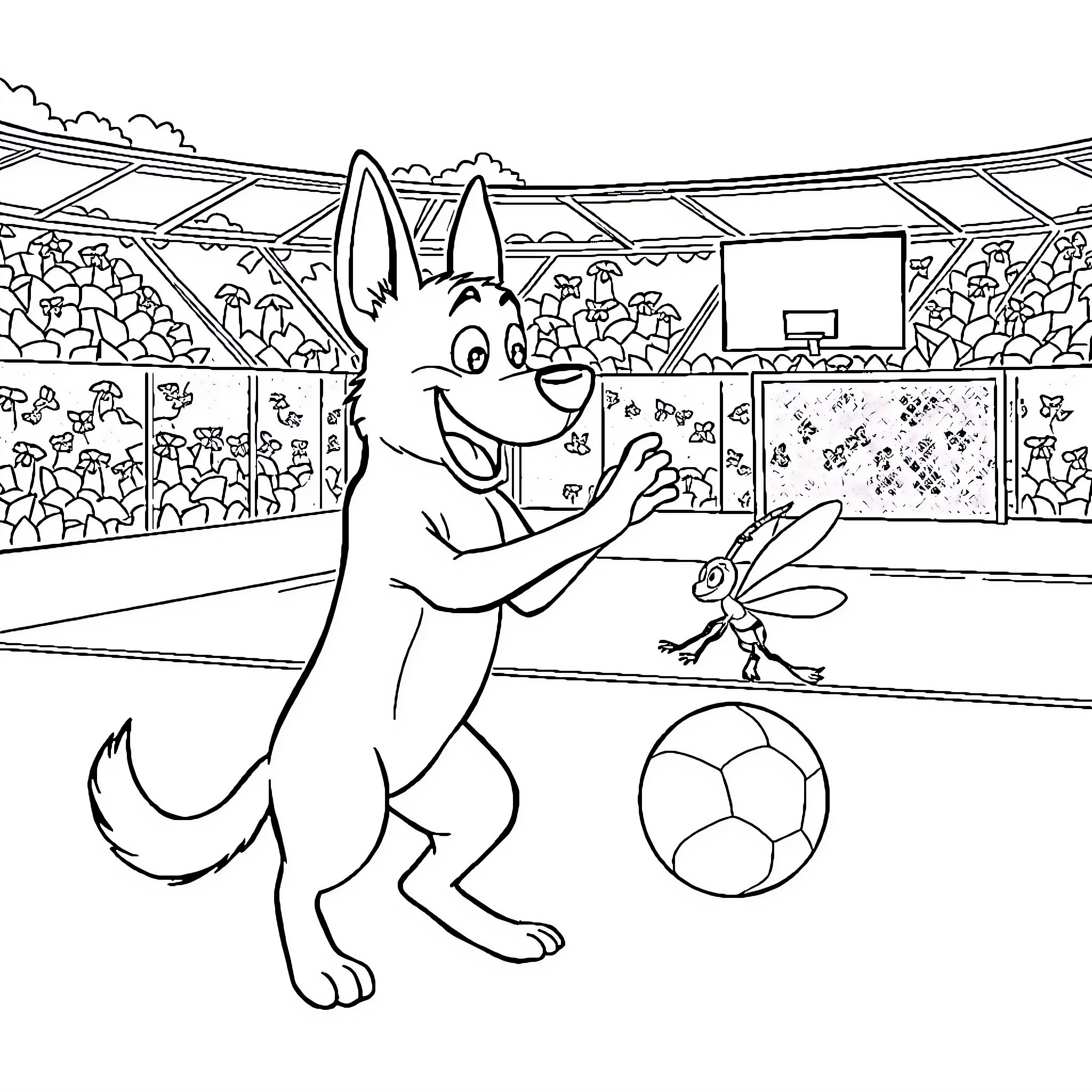 Perro playing soccer with friend in stadium Coloring Page (free black-and-white line drawing printable PDF for all, from beginners to advanced learners, including children, teens, adults, and seniors)