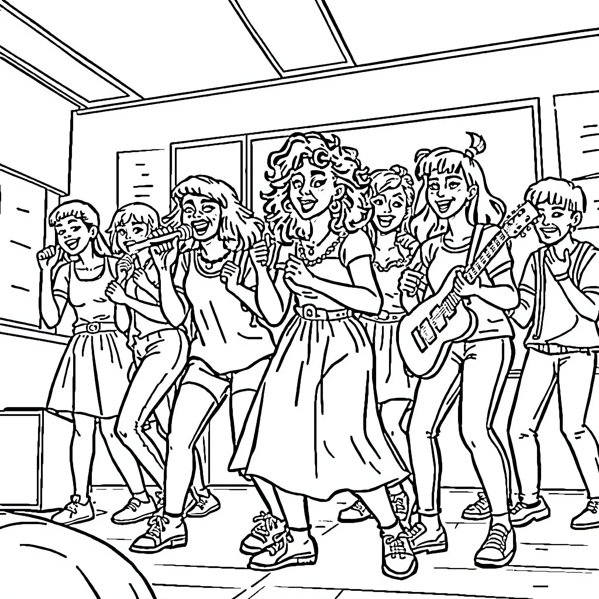 Pop Warrior Teens Dancing and Jamming Together Coloring Page (free black-and-white line drawing printable PDF for all, from beginners to advanced learners, including children, teens, adults, and seniors)
