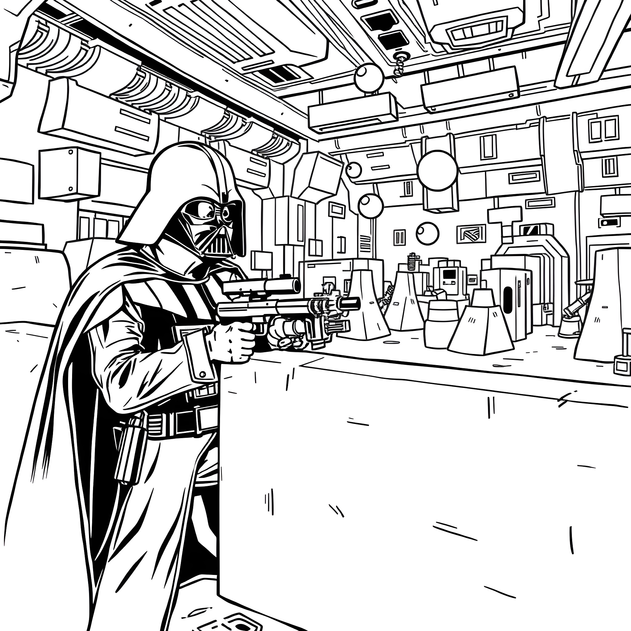 Vader in a futuristic command center Coloring Page (free black-and-white line drawing printable PDF for all, from beginners to advanced learners, including children, teens, adults, and seniors)