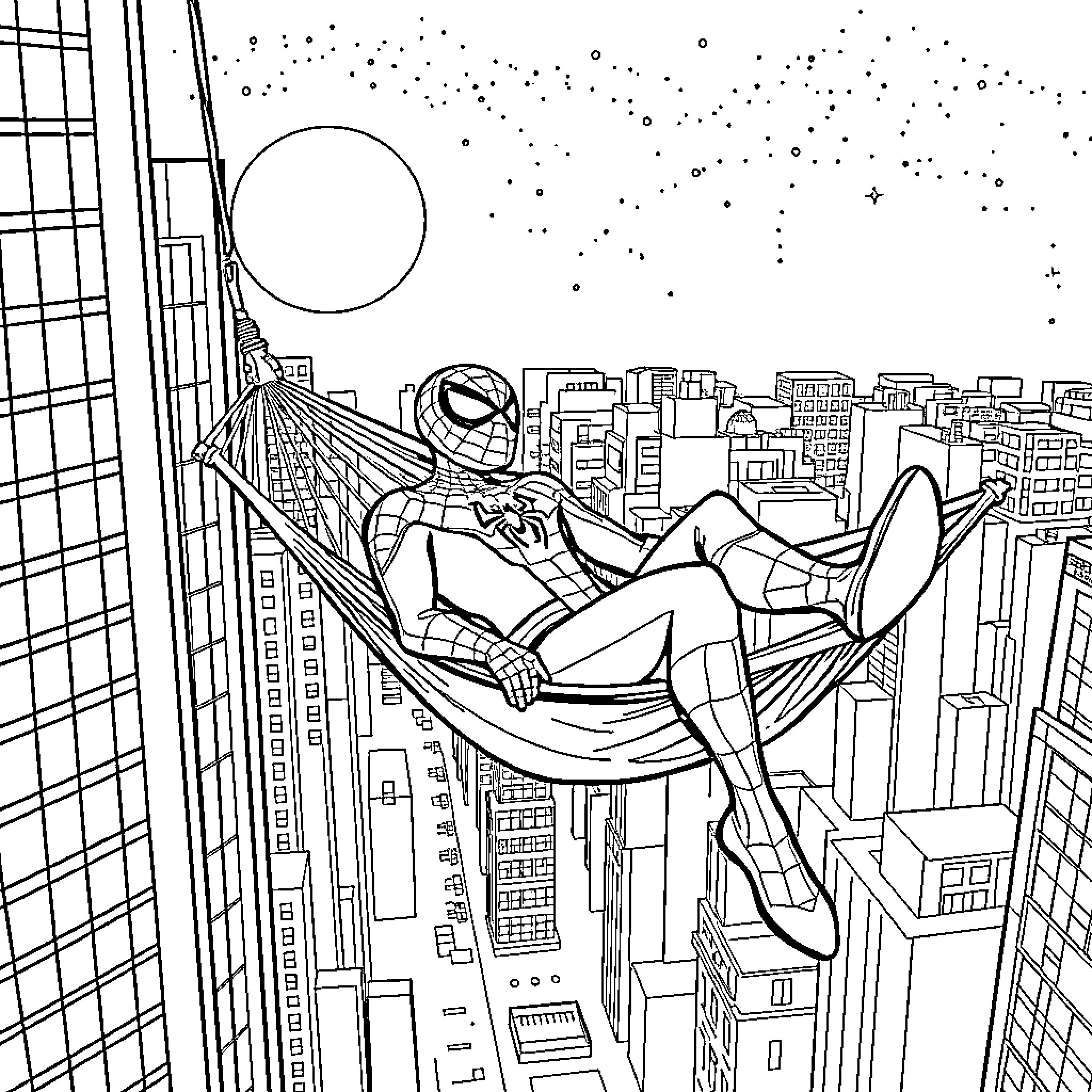Spiderman relaxing on a web above the city Coloring Page (free black-and-white line drawing printable PDF for all, from beginners to advanced learners, including children, teens, adults, and seniors)
