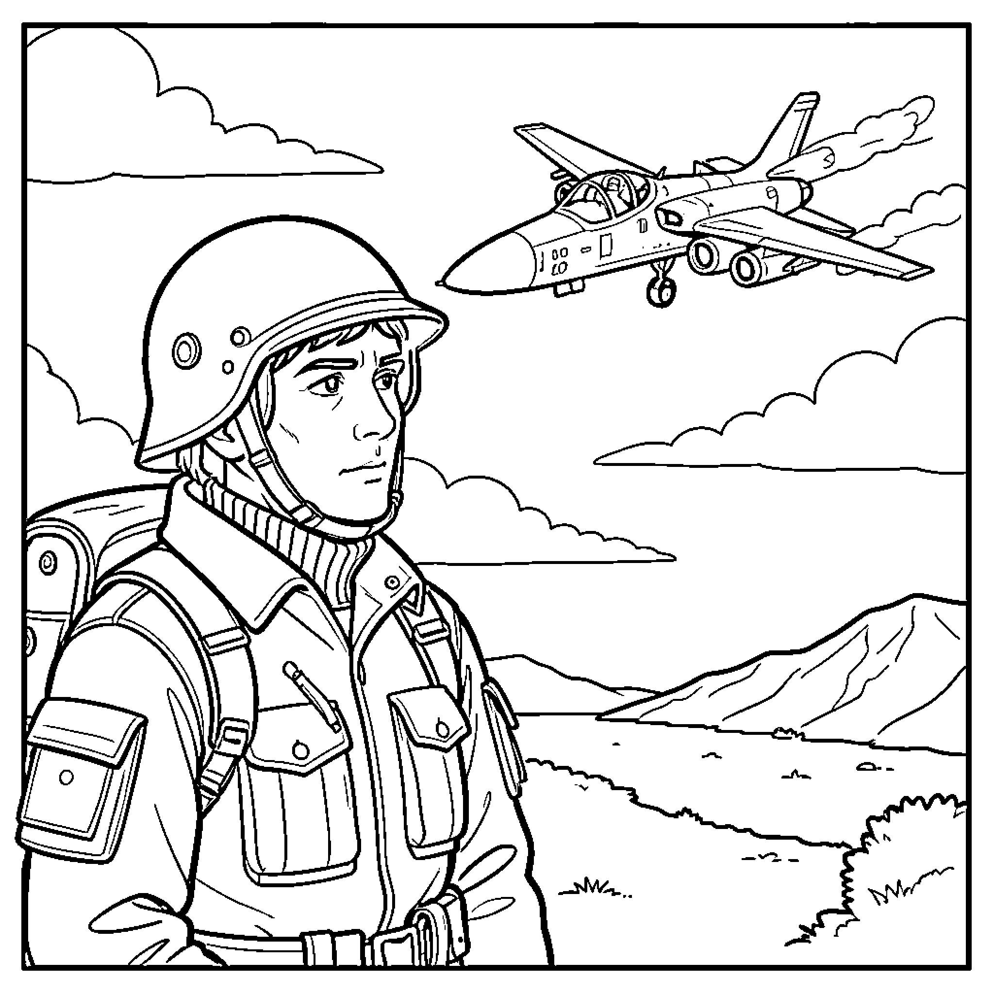 Avion de Chasse: Soldier Observing Fighter Jet Coloring Page (free black-and-white line drawing printable PDF for all, from beginners to advanced learners, including children, teens, adults, and seniors)
