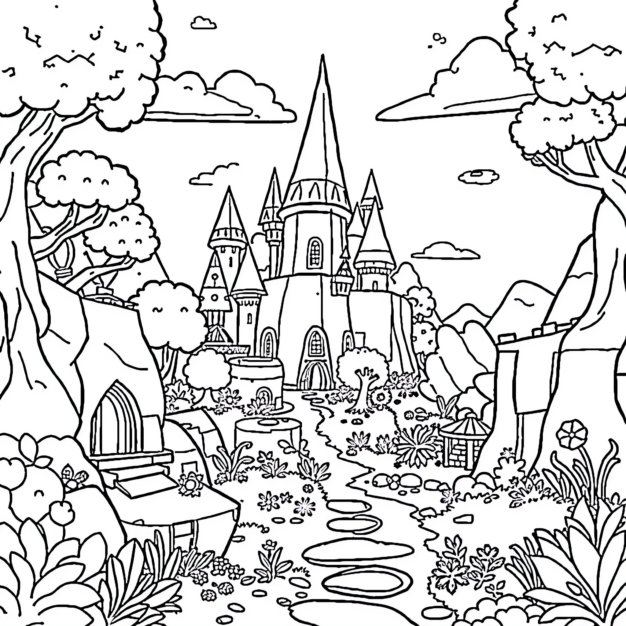 Mintcraft Enchanted Castle Landscape Coloring Page (free black-and-white line drawing printable PDF for all, from beginners to advanced learners, including children, teens, adults, and seniors)