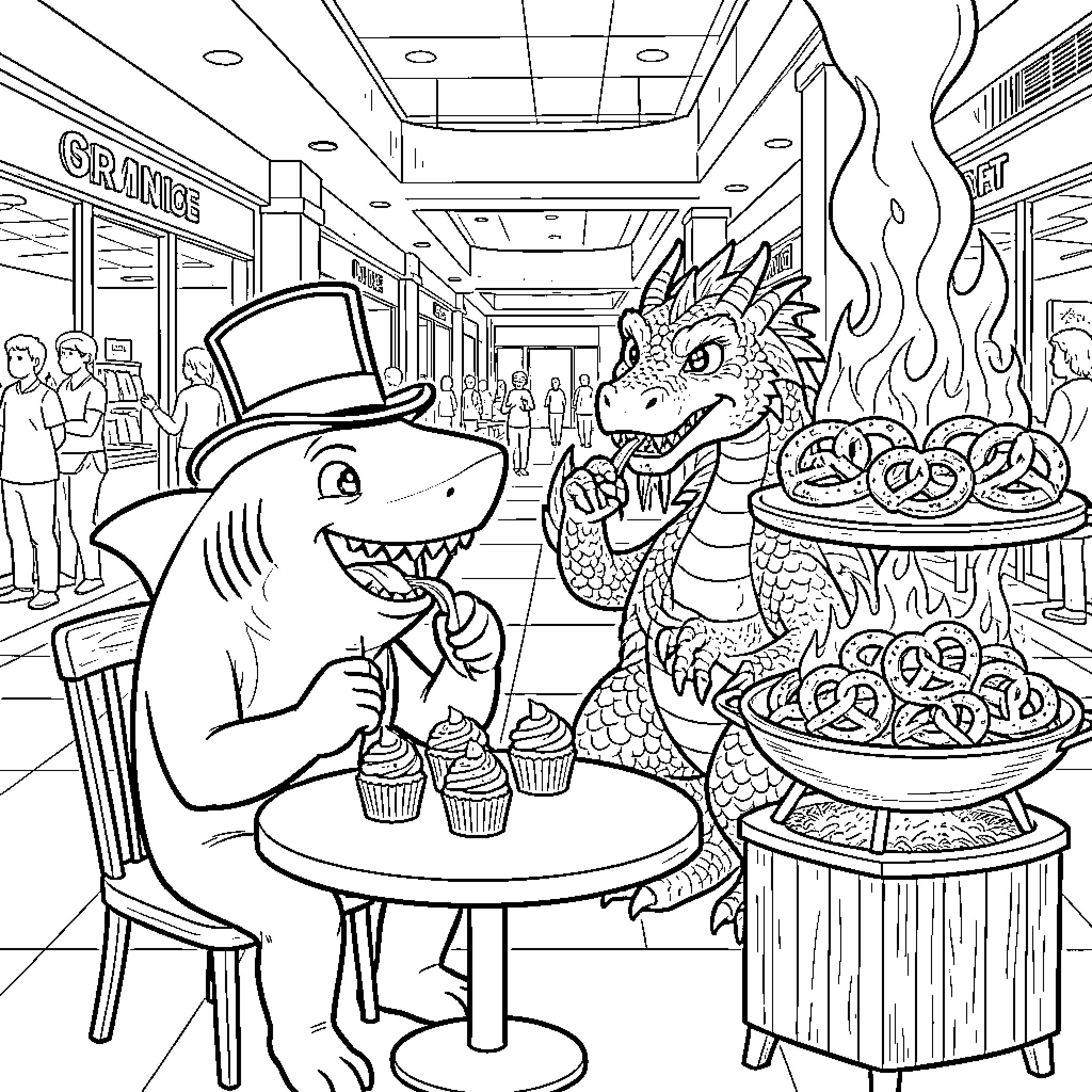 Shark in a top hat eating treats with dragon Coloring Page (free black-and-white line drawing printable PDF for all, from beginners to advanced learners, including children, teens, adults, and seniors)