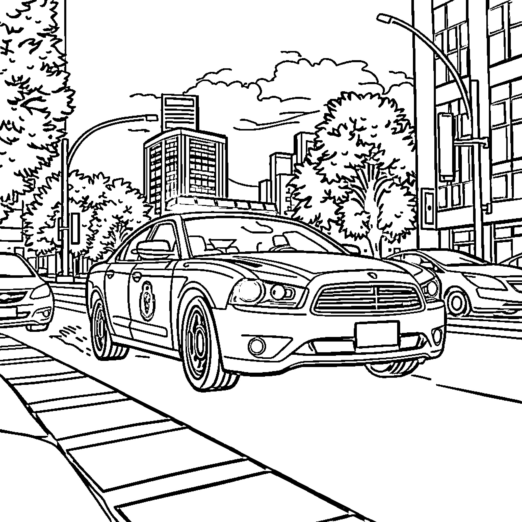 Police Car Patrolling the City Streets Coloring Page (free black-and-white line drawing printable PDF for all, from beginners to advanced learners, including children, teens, adults, and seniors)