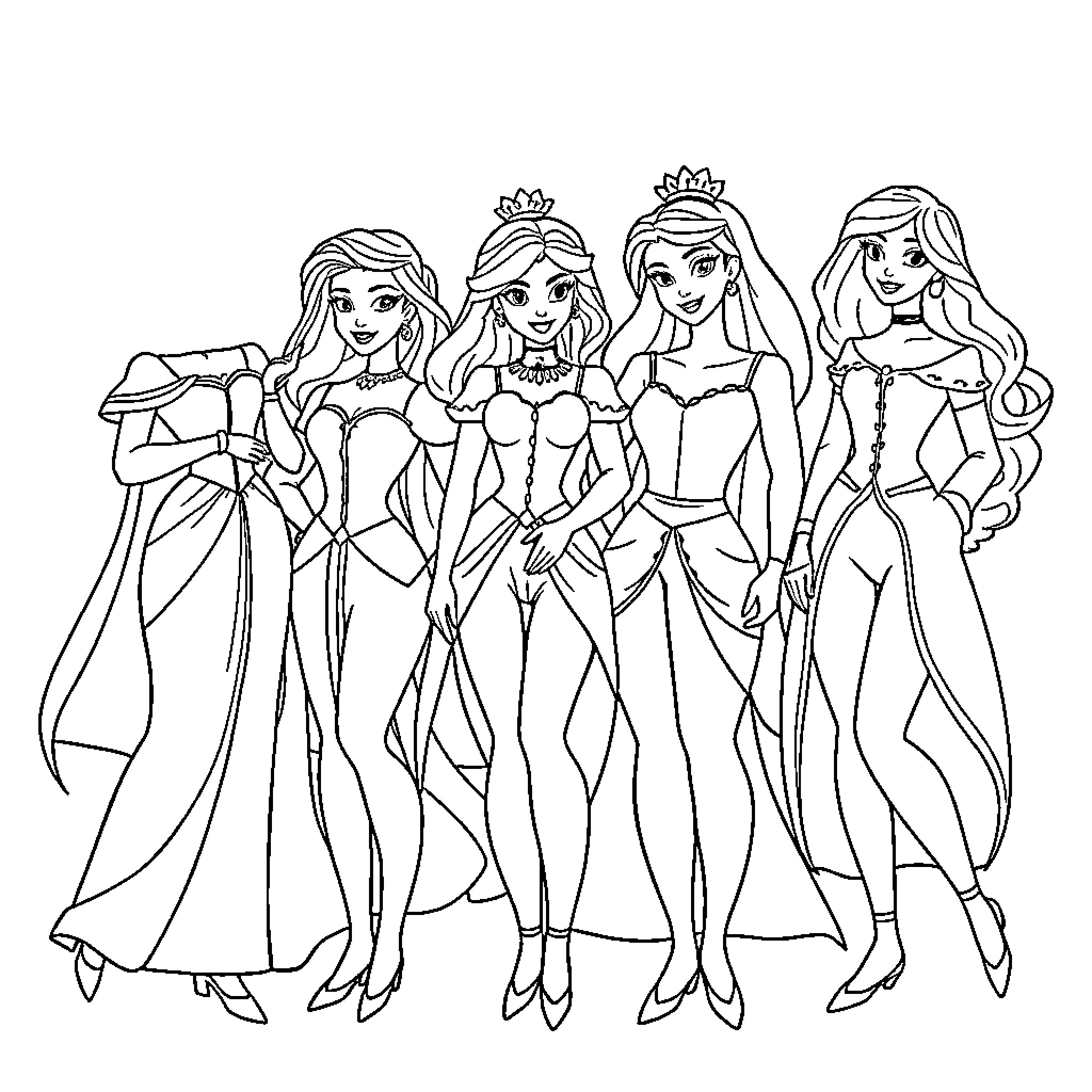 Disney Princesses in Elegant Dresses and Poses Coloring Page (free black-and-white line drawing printable PDF for all, from beginners to advanced learners, including children, teens, adults, and seniors)