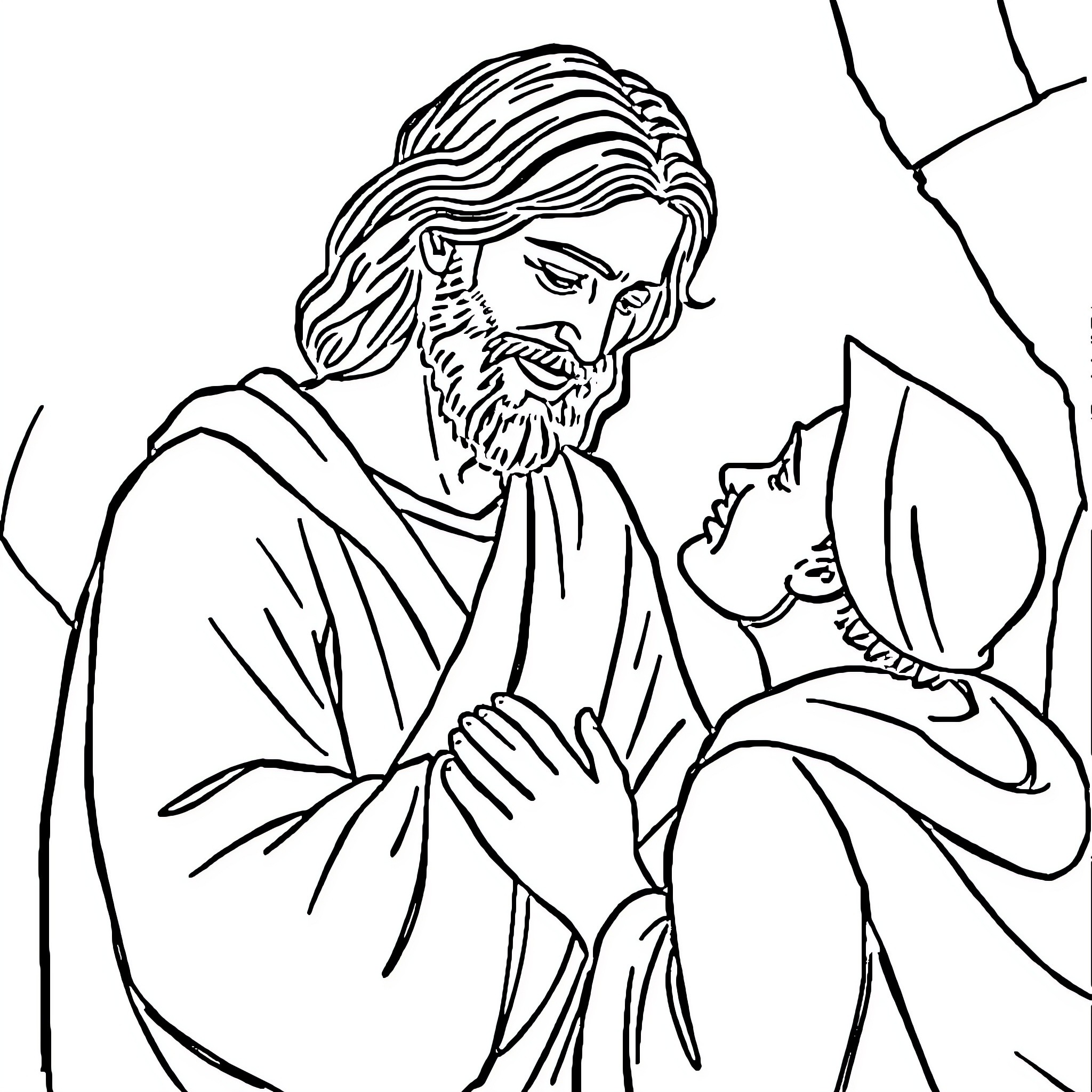 Jesus comforting a child Coloring Page (free black-and-white line drawing printable PDF for all, from beginners to advanced learners, including children, teens, adults, and seniors)
