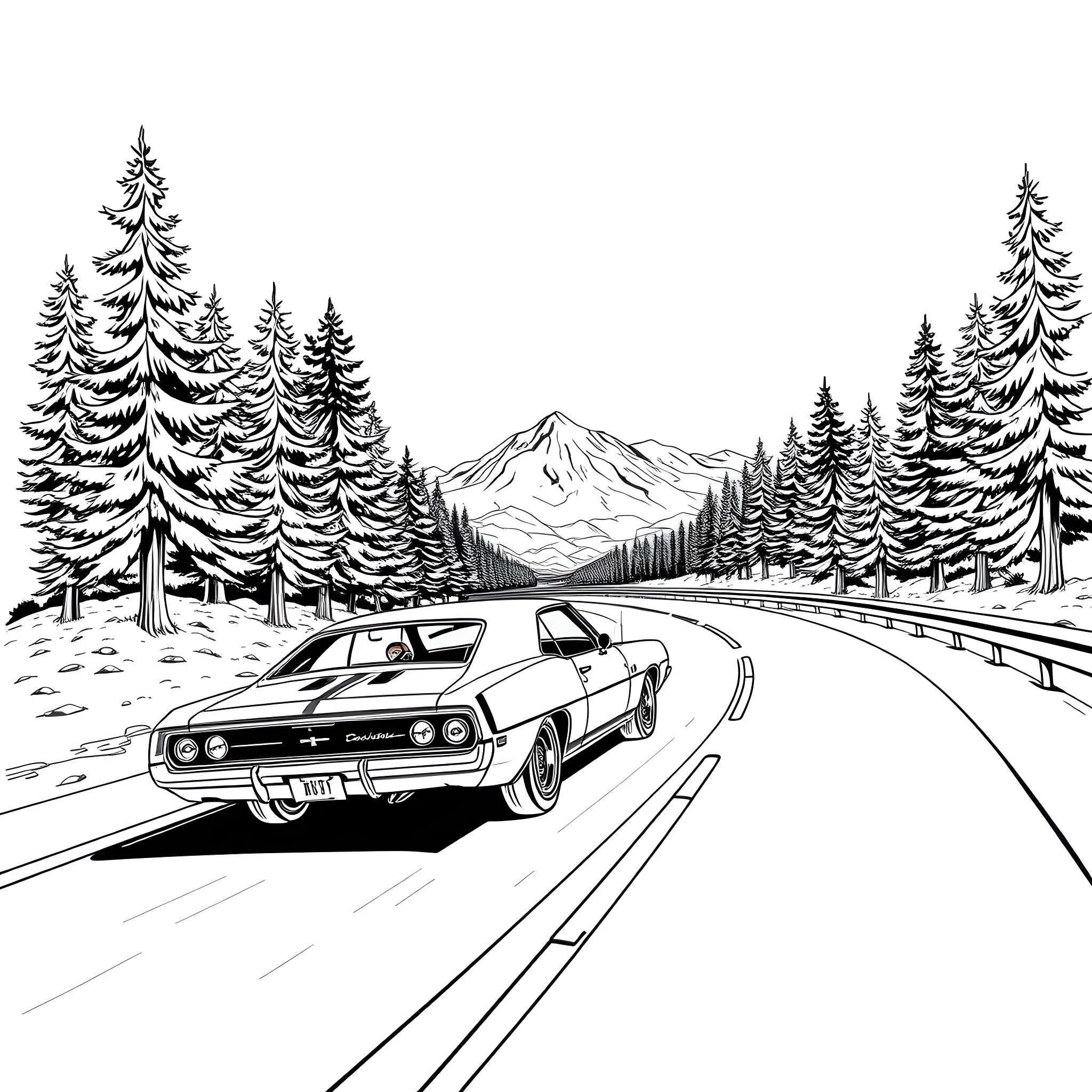 Smokey's Wintry Mountain Road Cruise Coloring Page (free black-and-white line drawing printable PDF for all, from beginners to advanced learners, including children, teens, adults, and seniors)