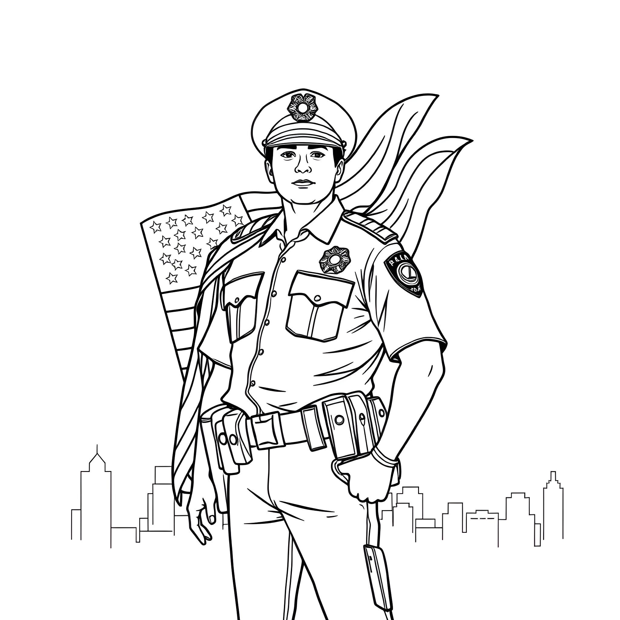 Police Officer Standing Guard with American Flag Coloring Page (free black-and-white line drawing printable PDF for all, from beginners to advanced learners, including children, teens, adults, and seniors)