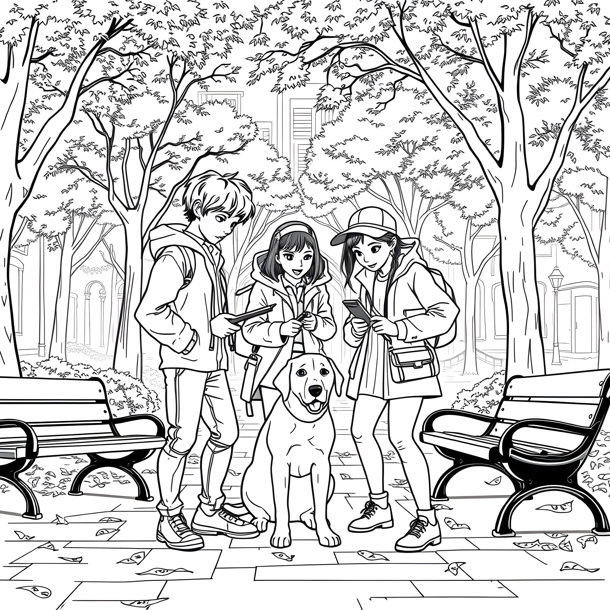 Detective Kids Exploring the Mysterious Park Coloring Page (free black-and-white line drawing printable PDF for all, from beginners to advanced learners, including children, teens, adults, and seniors)