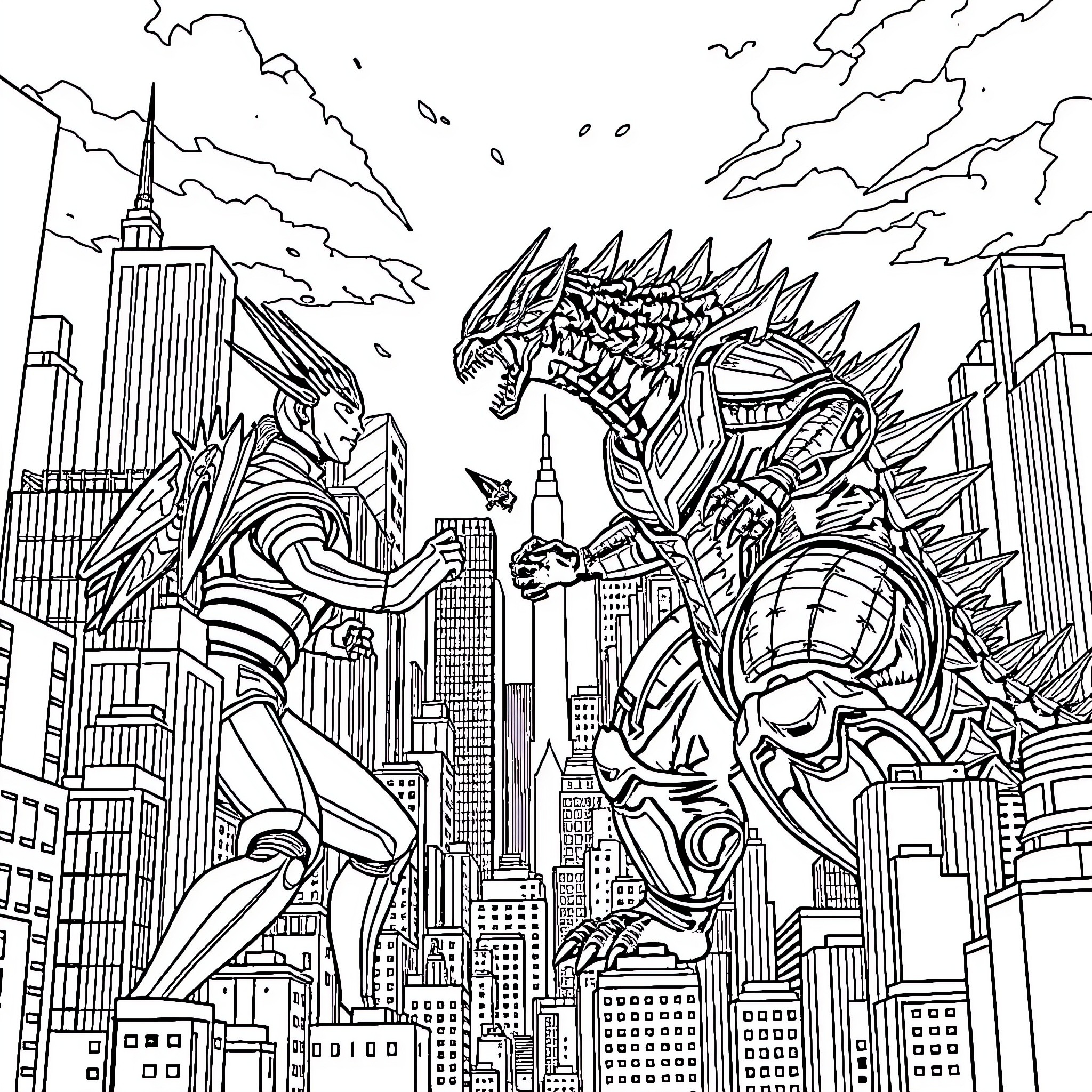 Ultraman battling a giant monster in the city Coloring Page (free black-and-white line drawing printable PDF for all, from beginners to advanced learners, including children, teens, adults, and seniors)