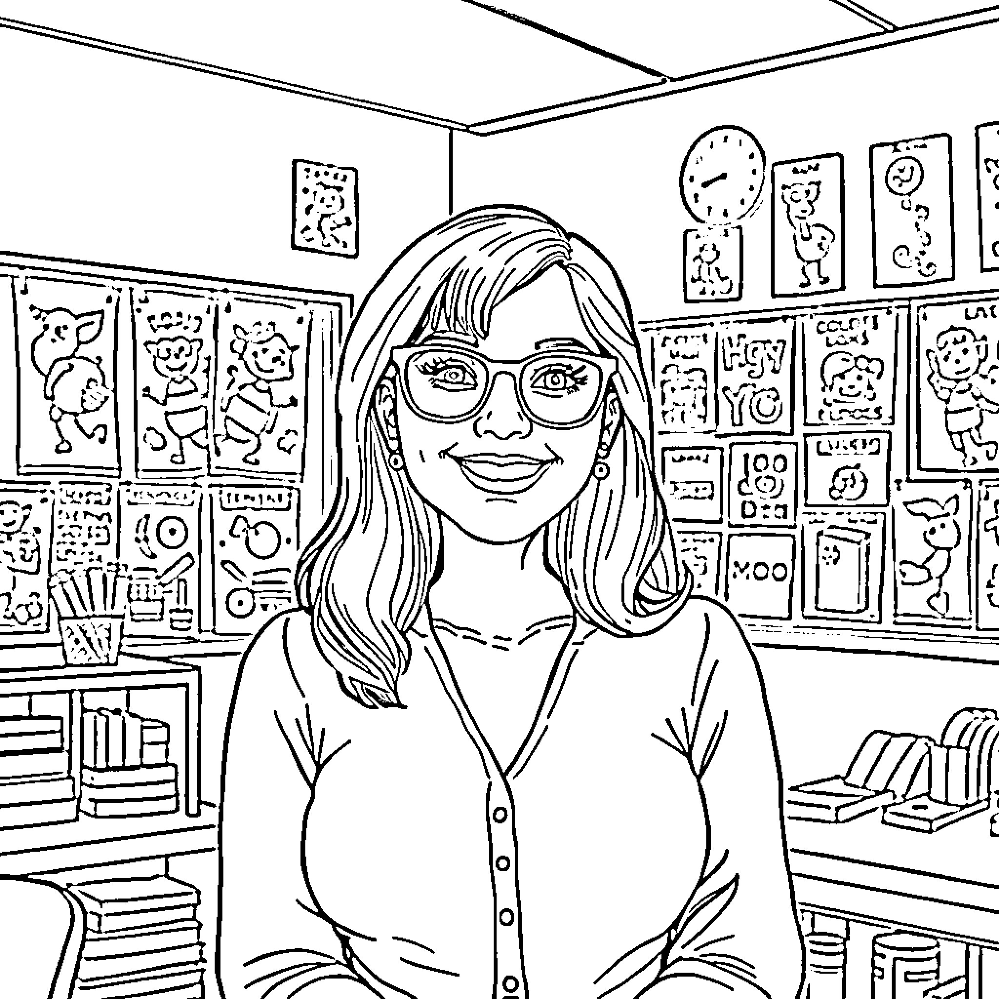 Ms Rachael's Classroom Adventure Coloring Page (free black-and-white line drawing printable PDF for all, from beginners to advanced learners, including children, teens, adults, and seniors)