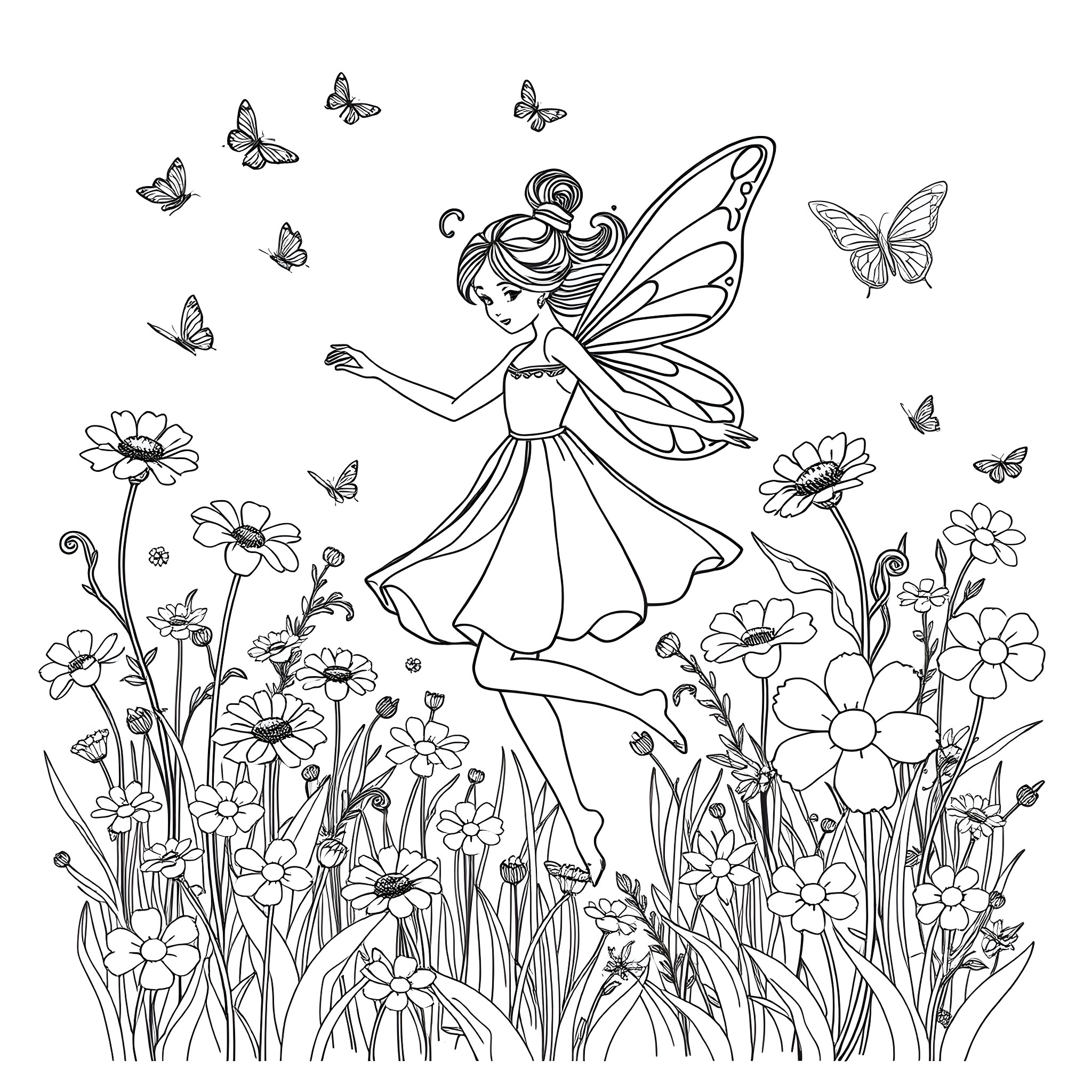 Fairy Dancing Gracefully Amidst Butterflies and Flowers Coloring Page (free black-and-white line drawing printable PDF for all, from beginners to advanced learners, including children, teens, adults, and seniors)