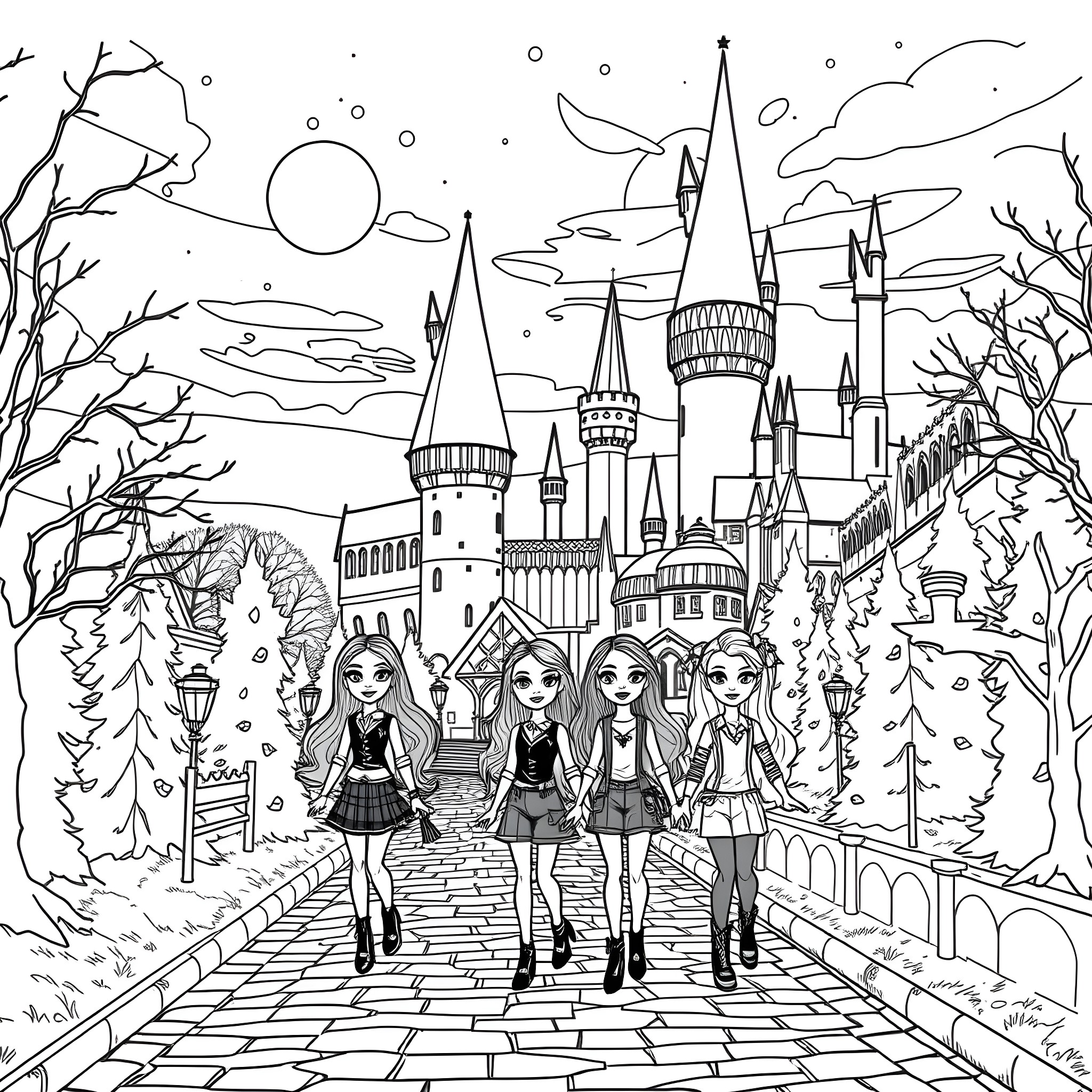 Bratz dolls strolling through a magical castle town Coloring Page (free black-and-white line drawing printable PDF for all, from beginners to advanced learners, including children, teens, adults, and seniors)