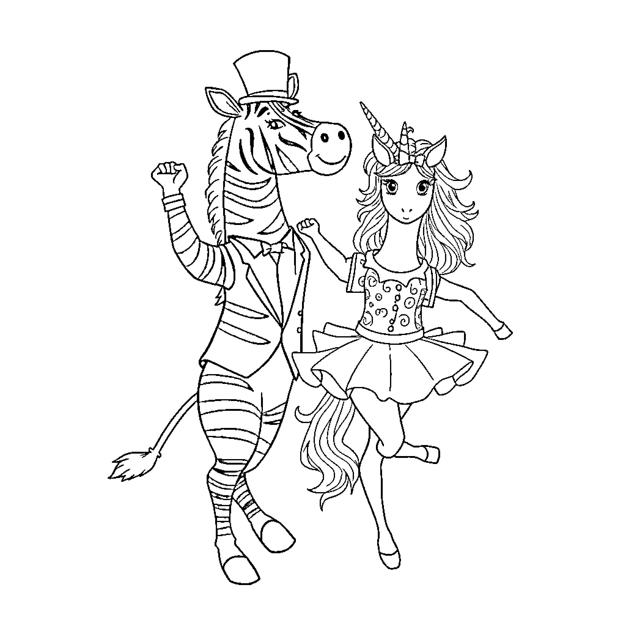 Zebra and Unicorn in Formal Attire Coloring Page (free black-and-white line drawing printable PDF for all, from beginners to advanced learners, including children, teens, adults, and seniors)