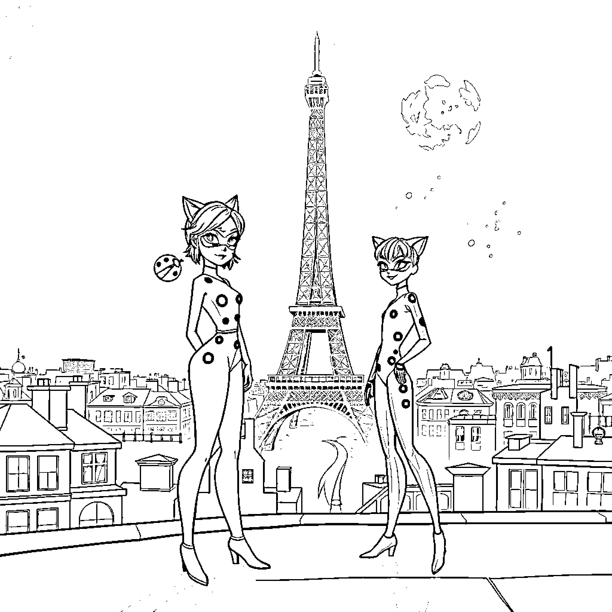 Miraculous Paris Adventure of Magical Heroes Coloring Page (free black-and-white line drawing printable PDF for all, from beginners to advanced learners, including children, teens, adults, and seniors)