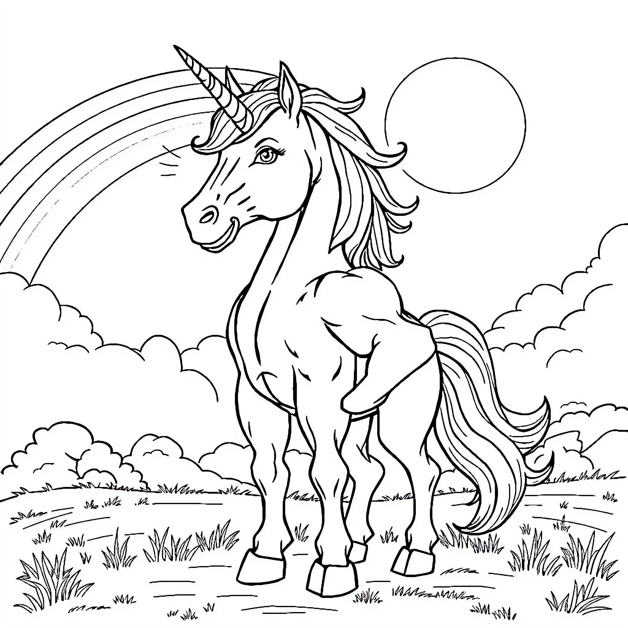 Unicorn standing proudly in a magical landscape Coloring Page (free black-and-white line drawing printable PDF for all, from beginners to advanced learners, including children, teens, adults, and seniors)