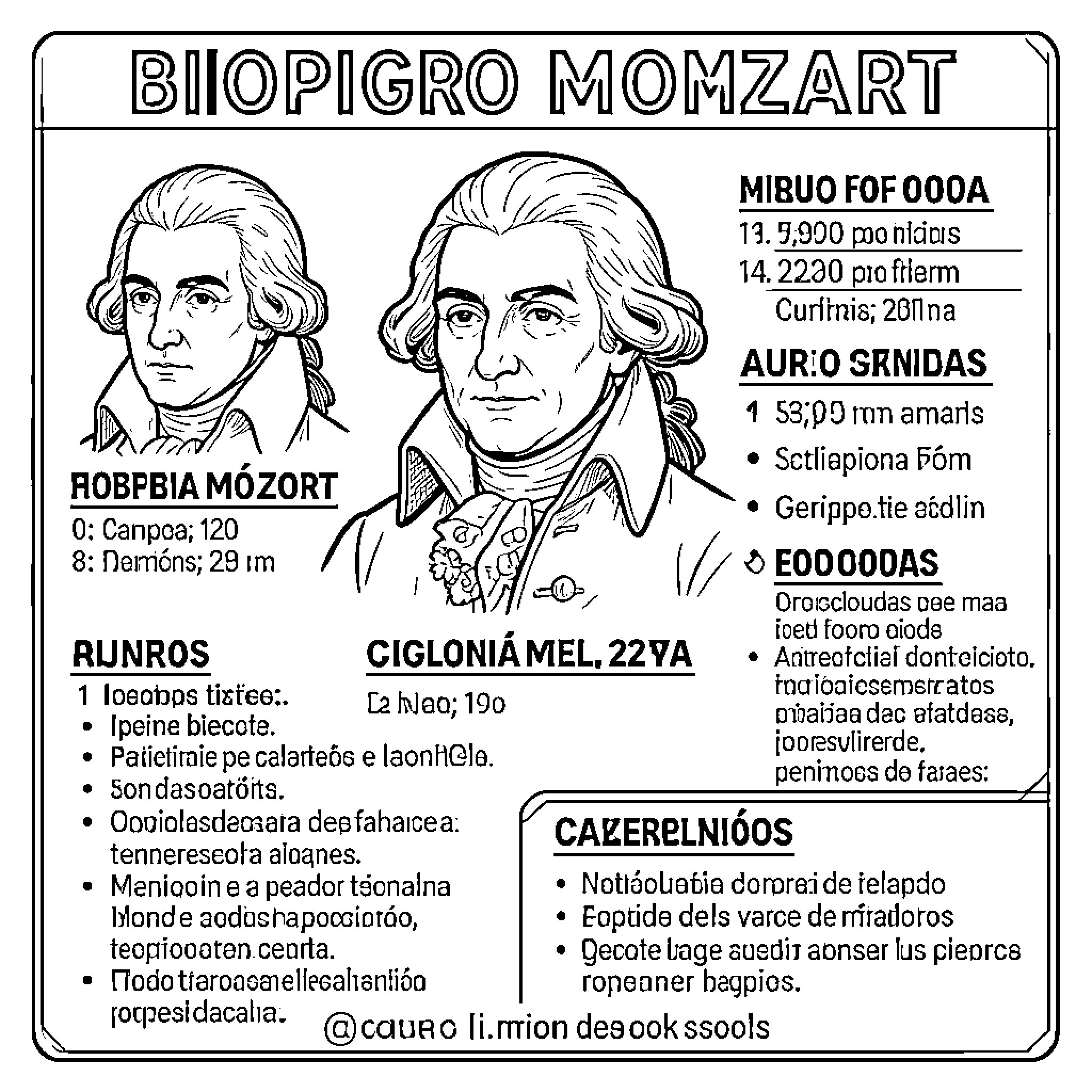Mozart depicted in a stylized biographical portrait layout Coloring Page (free black-and-white line drawing printable PDF for all, from beginners to advanced learners, including children, teens, adults, and seniors)