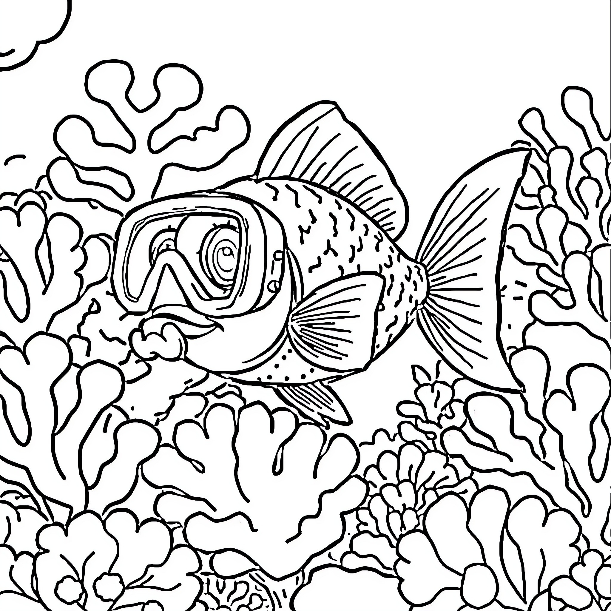 Goldfish exploring the underwater coral reef Coloring Page (free black-and-white line drawing printable PDF for all, from beginners to advanced learners, including children, teens, adults, and seniors)