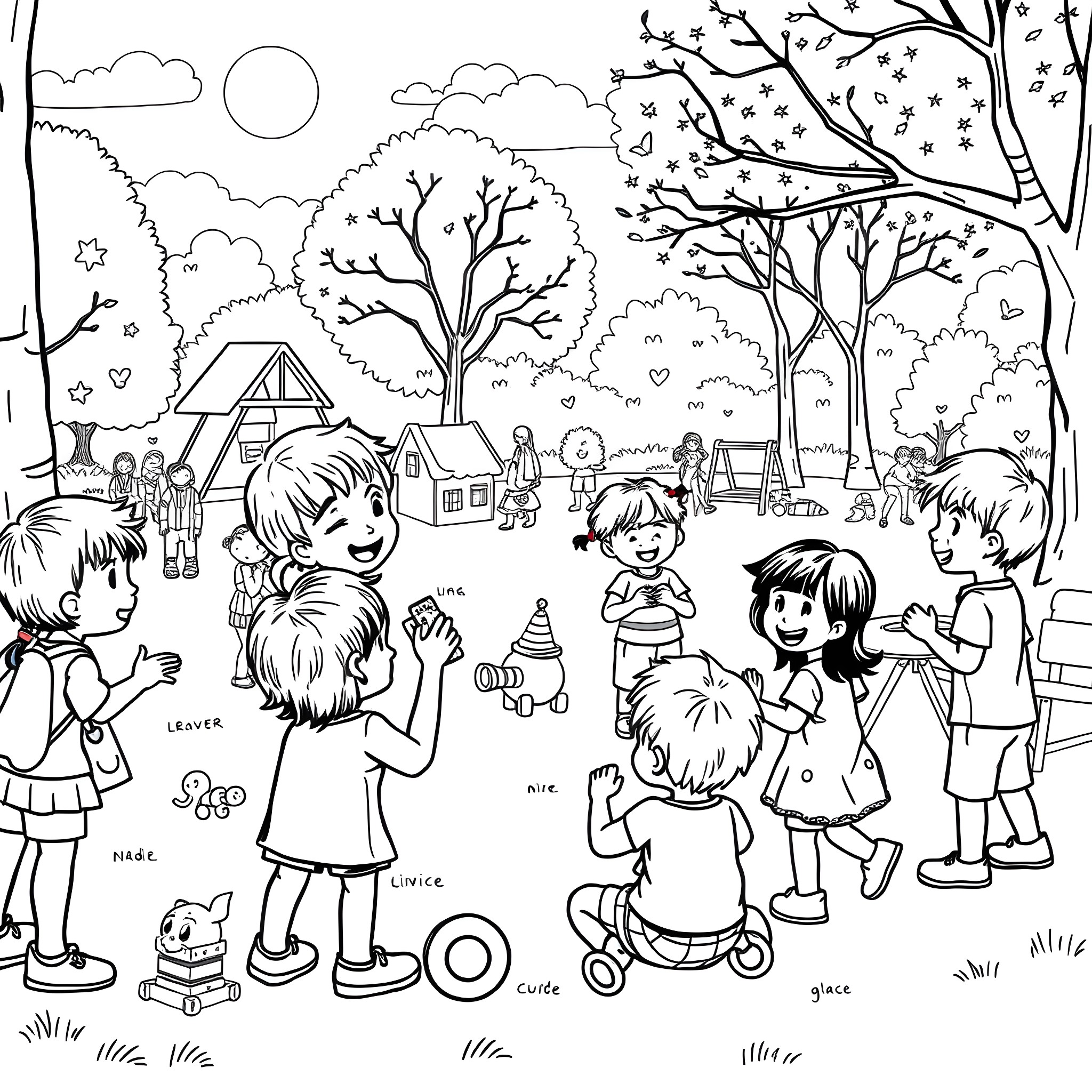 Kid's Outdoor Playtime in the Park Coloring Page (free black-and-white line drawing printable PDF for all, from beginners to advanced learners, including children, teens, adults, and seniors)