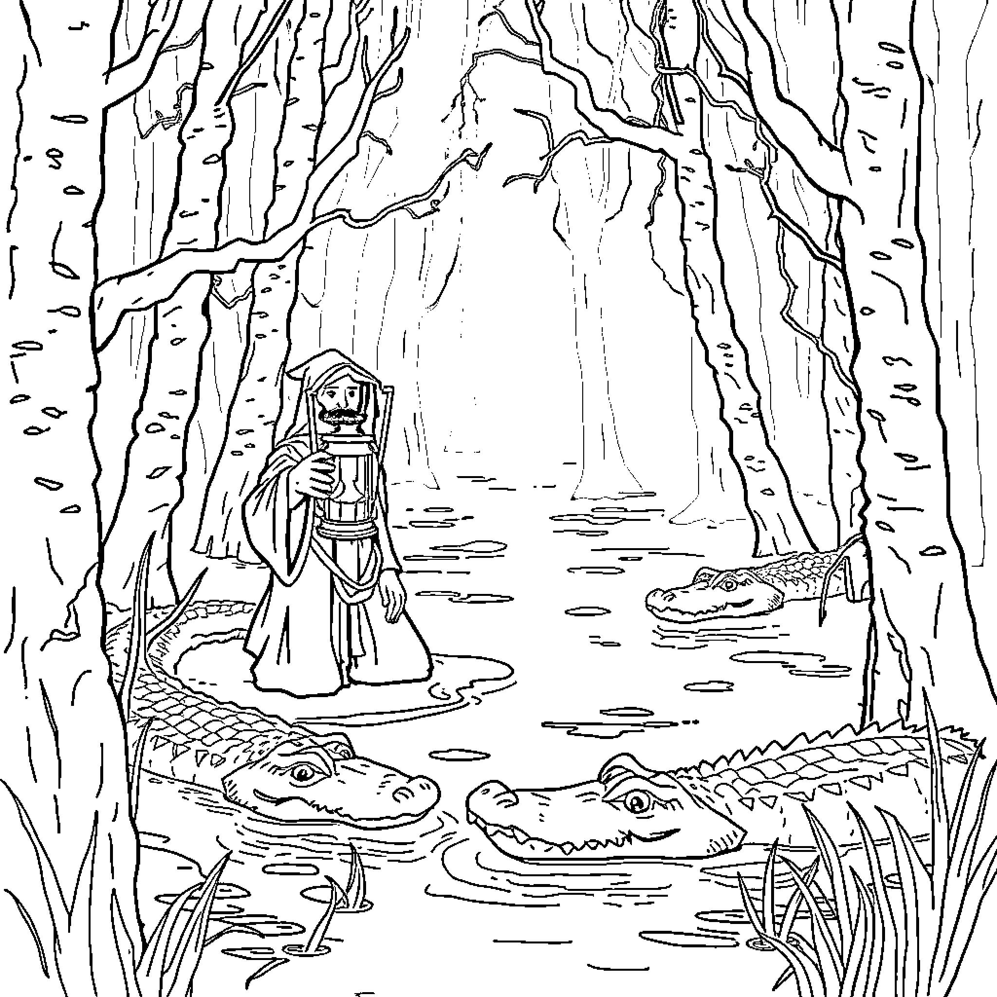 Hermit exploring the mystic forest Coloring Page (free black-and-white line drawing printable PDF for all, from beginners to advanced learners, including children, teens, adults, and seniors)