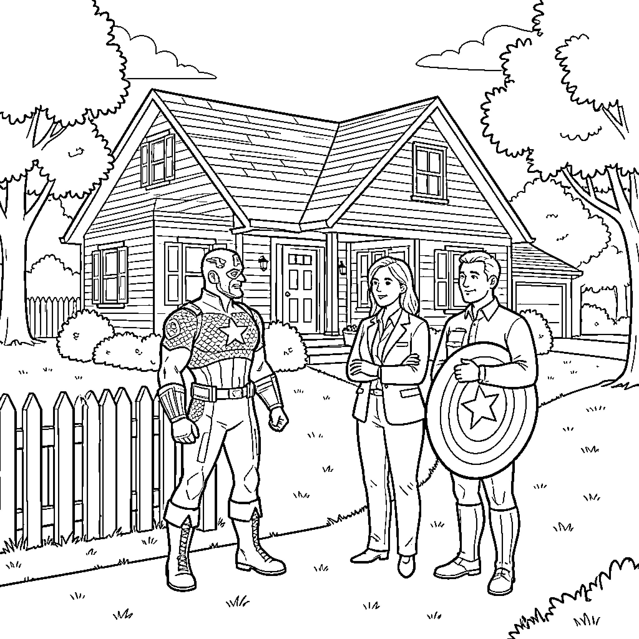 Captain America and friends in front of a cozy home Coloring Page (free black-and-white line drawing printable PDF for all, from beginners to advanced learners, including children, teens, adults, and seniors)