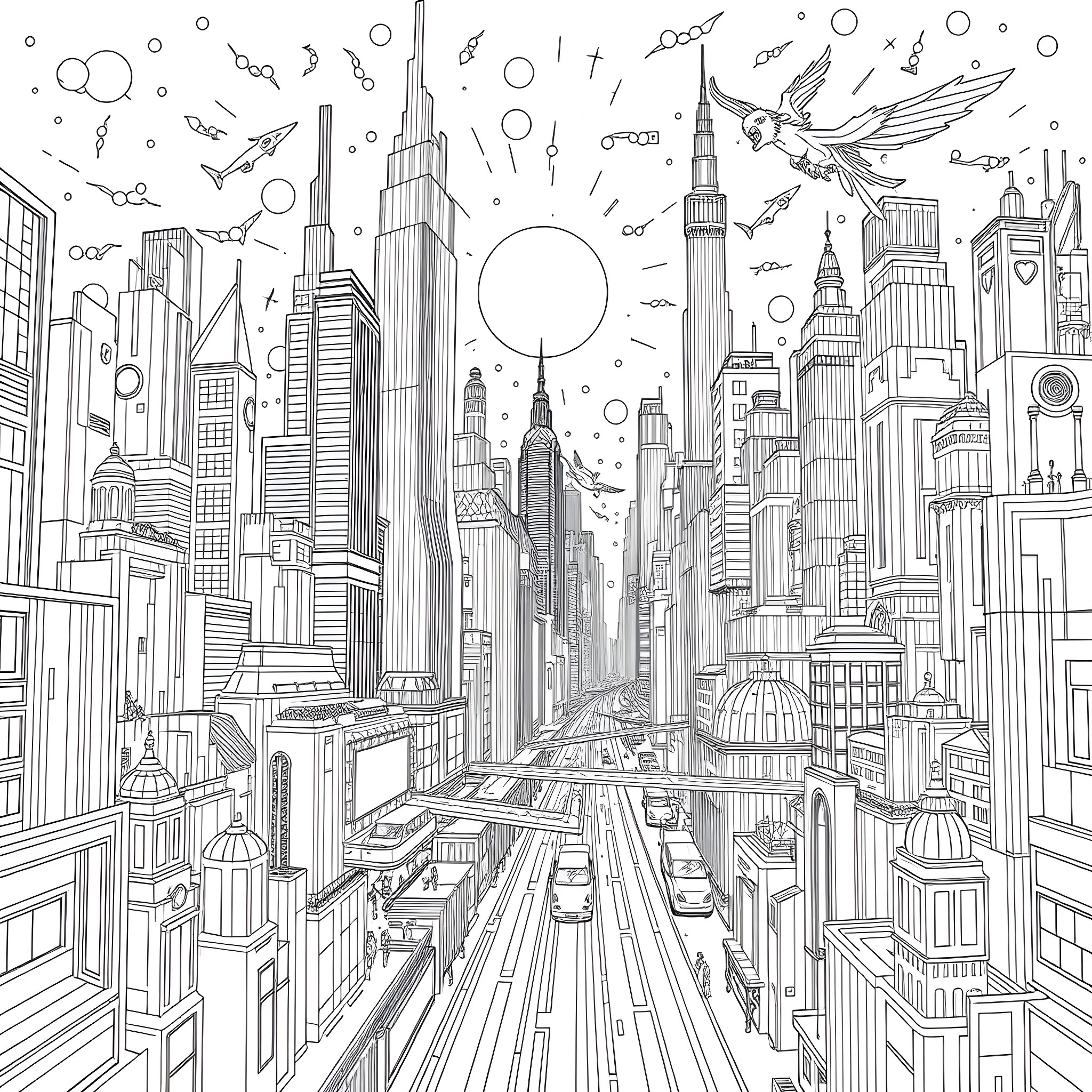 World of Futuristic Urban Architecture and Skyline Coloring Page (free black-and-white line drawing printable PDF for all, from beginners to advanced learners, including children, teens, adults, and seniors)