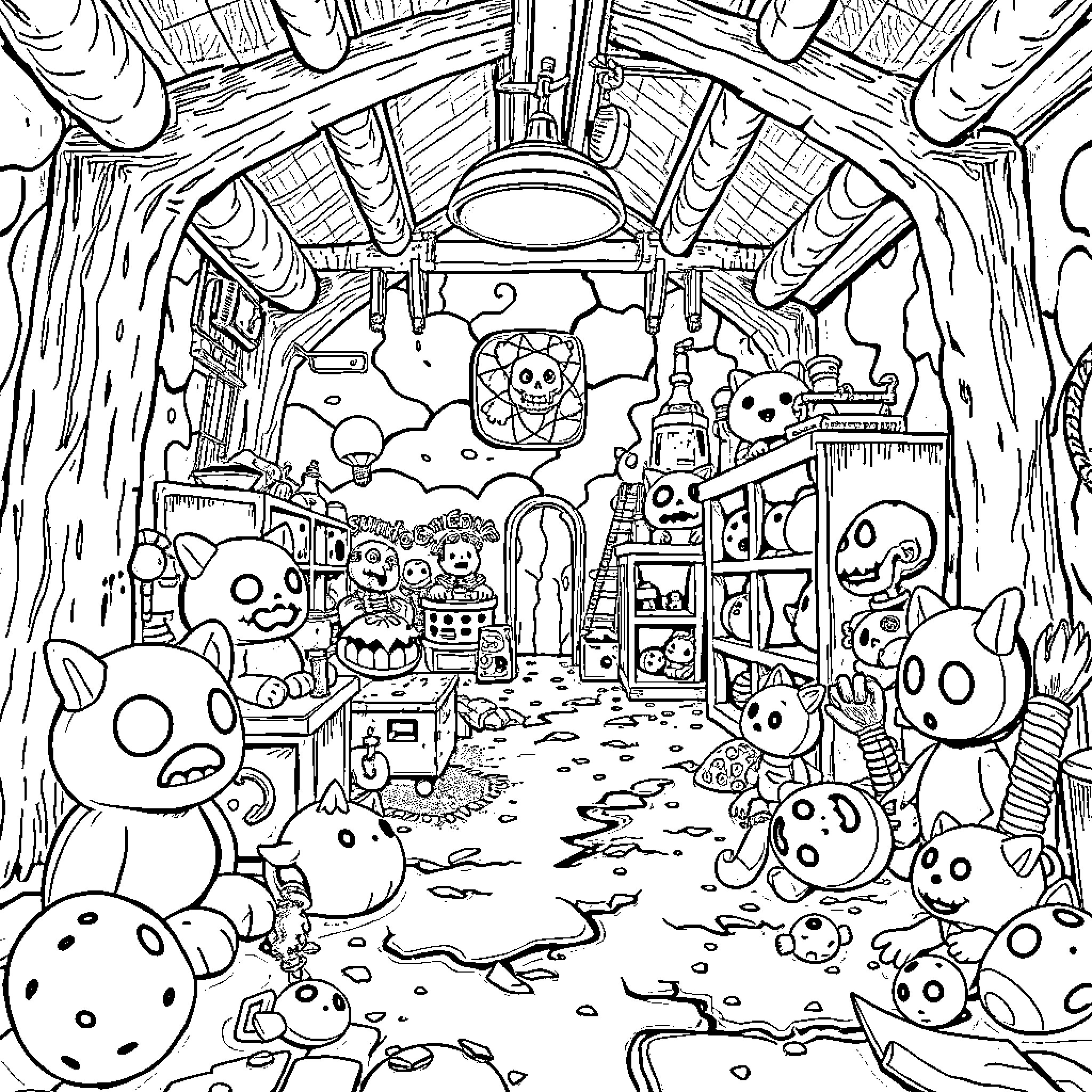 Poppy's Whimsical Creature Hideaway Coloring Page (free black-and-white line drawing printable PDF for all, from beginners to advanced learners, including children, teens, adults, and seniors)