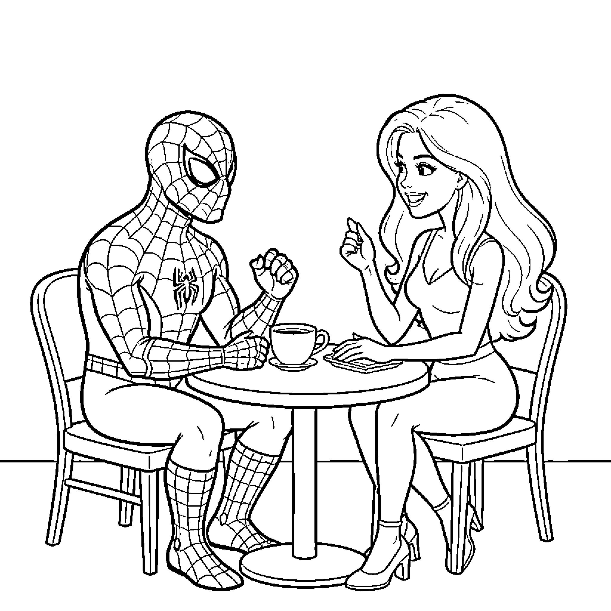 Spiderman having a coffee date with a woman Coloring Page (free black-and-white line drawing printable PDF for all, from beginners to advanced learners, including children, teens, adults, and seniors)