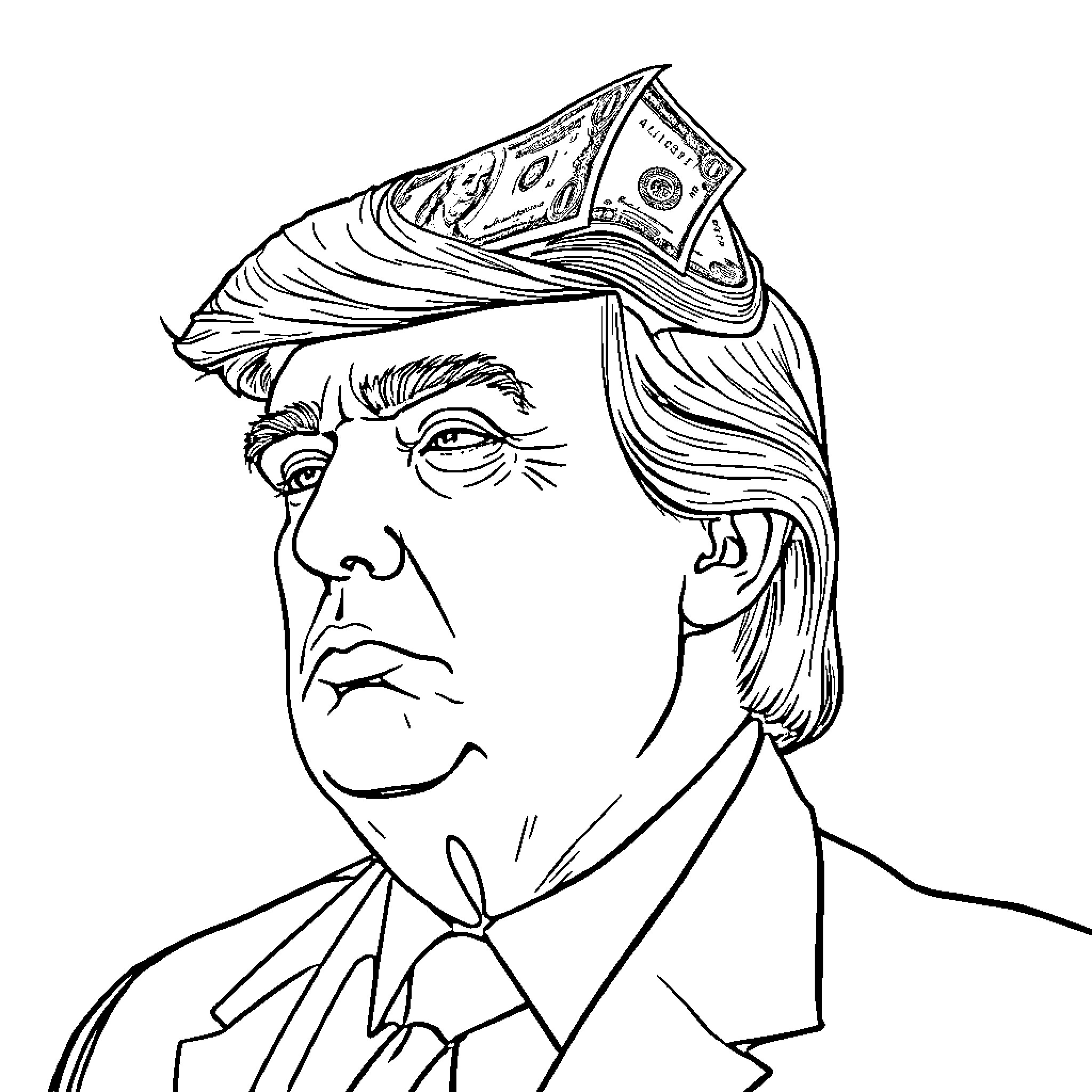 Dollar Bill Depicting Caricature of Public Figure Coloring Page (free black-and-white line drawing printable PDF for all, from beginners to advanced learners, including children, teens, adults, and seniors)