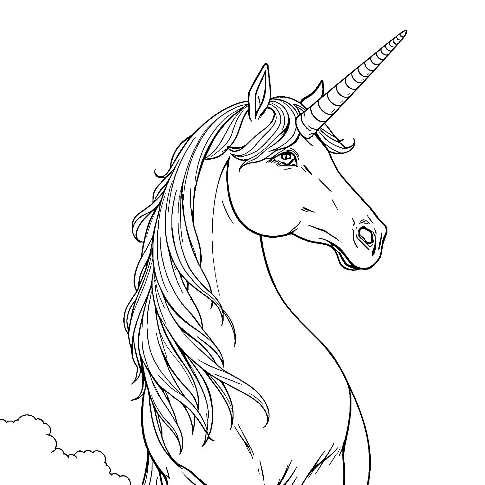 Unicorn with majestic mane standing tall Coloring Page (free black-and-white line drawing printable PDF for all, from beginners to advanced learners, including children, teens, adults, and seniors)