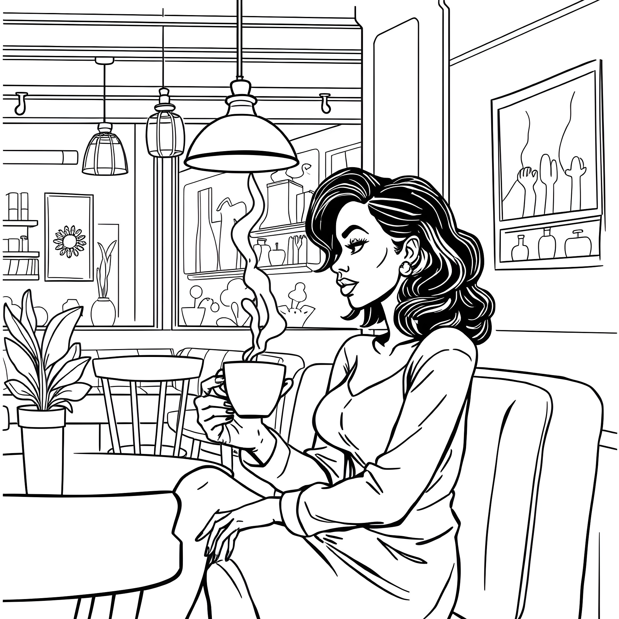 Woman enjoying a cup of coffee in a cozy kitchen Coloring Page (free black-and-white line drawing printable PDF for all, from beginners to advanced learners, including children, teens, adults, and seniors)