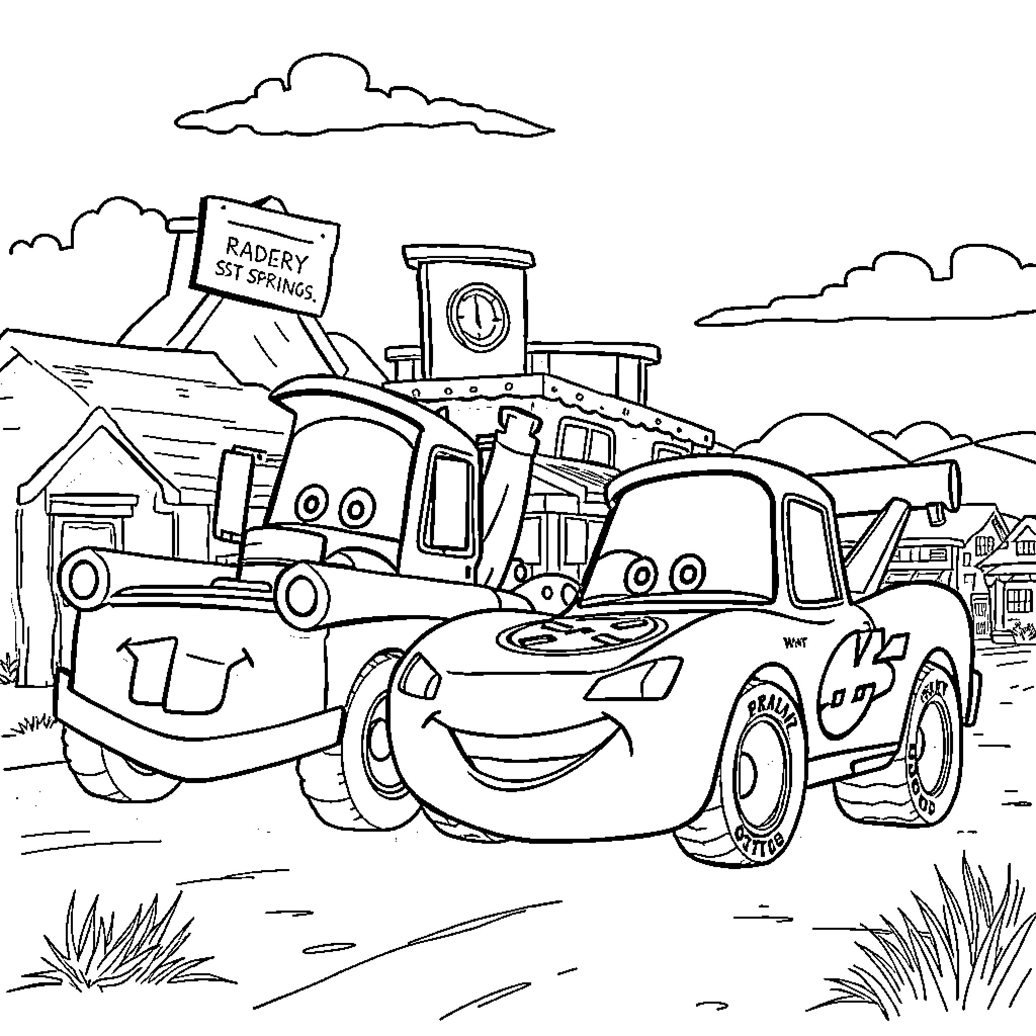 McQueen and Tow Truck in Adventure Scene Coloring Page (free black-and-white line drawing printable PDF for all, from beginners to advanced learners, including children, teens, adults, and seniors)