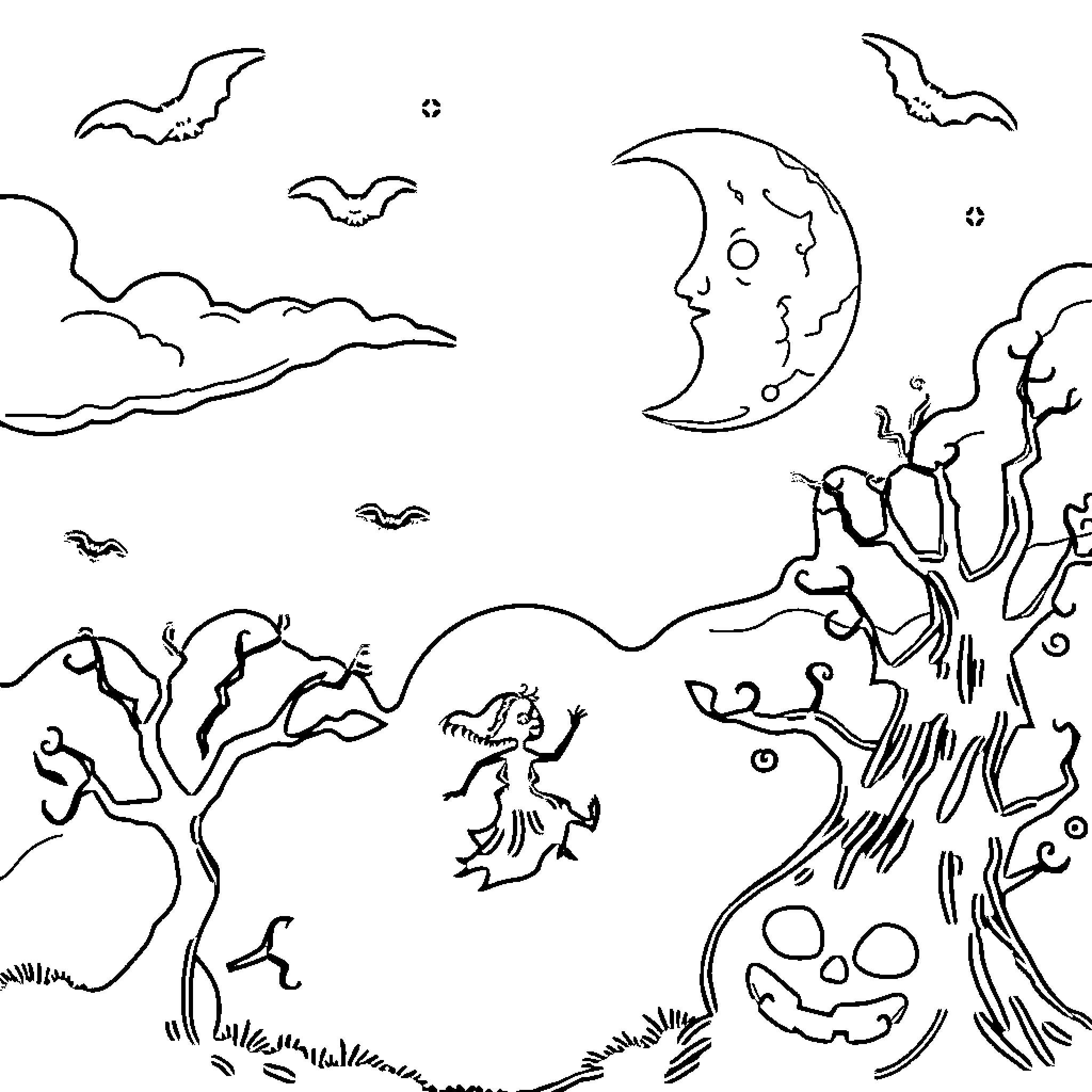 Moon and Sun with Spooky Halloween Scenery Coloring Page (free black-and-white line drawing printable PDF for all, from beginners to advanced learners, including children, teens, adults, and seniors)