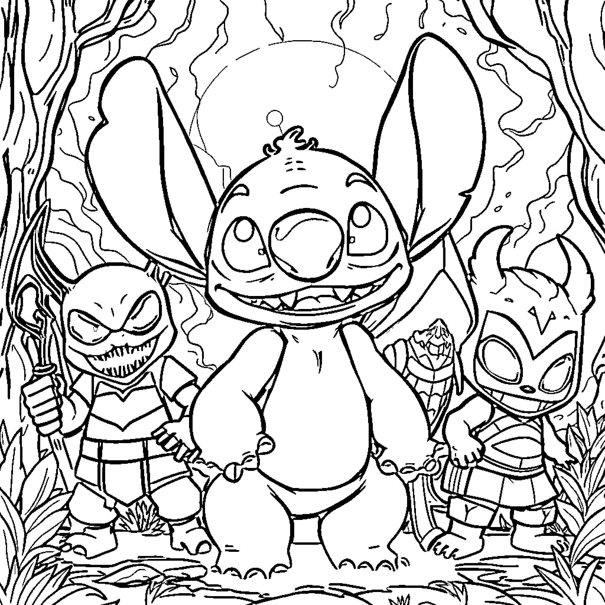 Stitch surrounded by friends in the enchanted forest Coloring Page (free black-and-white line drawing printable PDF for all, from beginners to advanced learners, including children, teens, adults, and seniors)