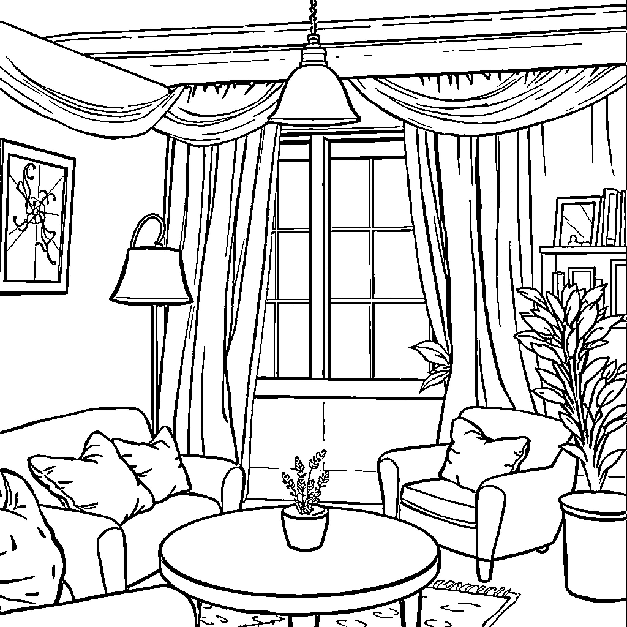 Lamp lighting a cozy living room scene Coloring Page (free black-and-white line drawing printable PDF for all, from beginners to advanced learners, including children, teens, adults, and seniors)