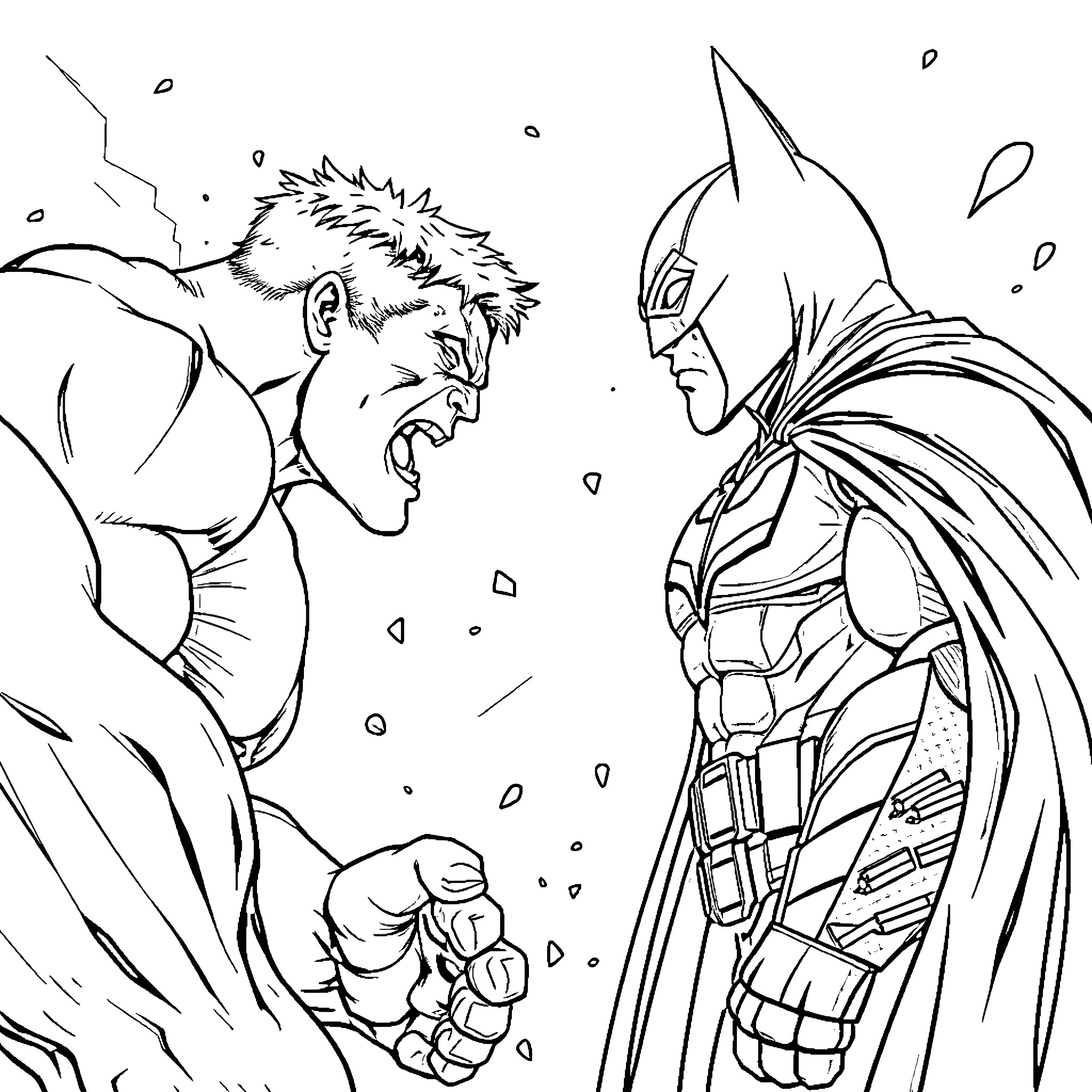 Hulk and Batman confrontation in action Coloring Page (free black-and-white line drawing printable PDF for all, from beginners to advanced learners, including children, teens, adults, and seniors)