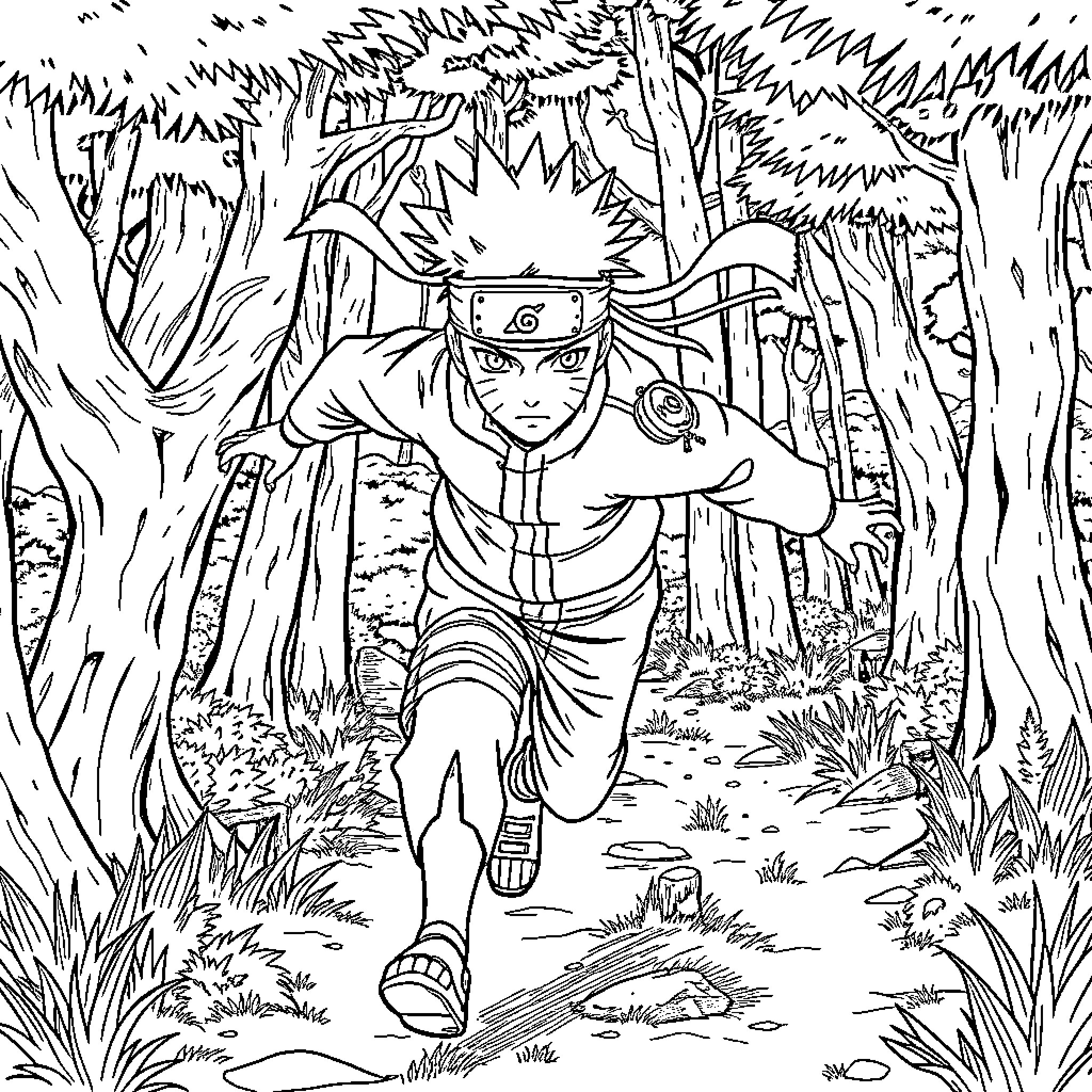 Naruto running through the forest with ninja gear Coloring Page (free black-and-white line drawing printable PDF for all, from beginners to advanced learners, including children, teens, adults, and seniors)