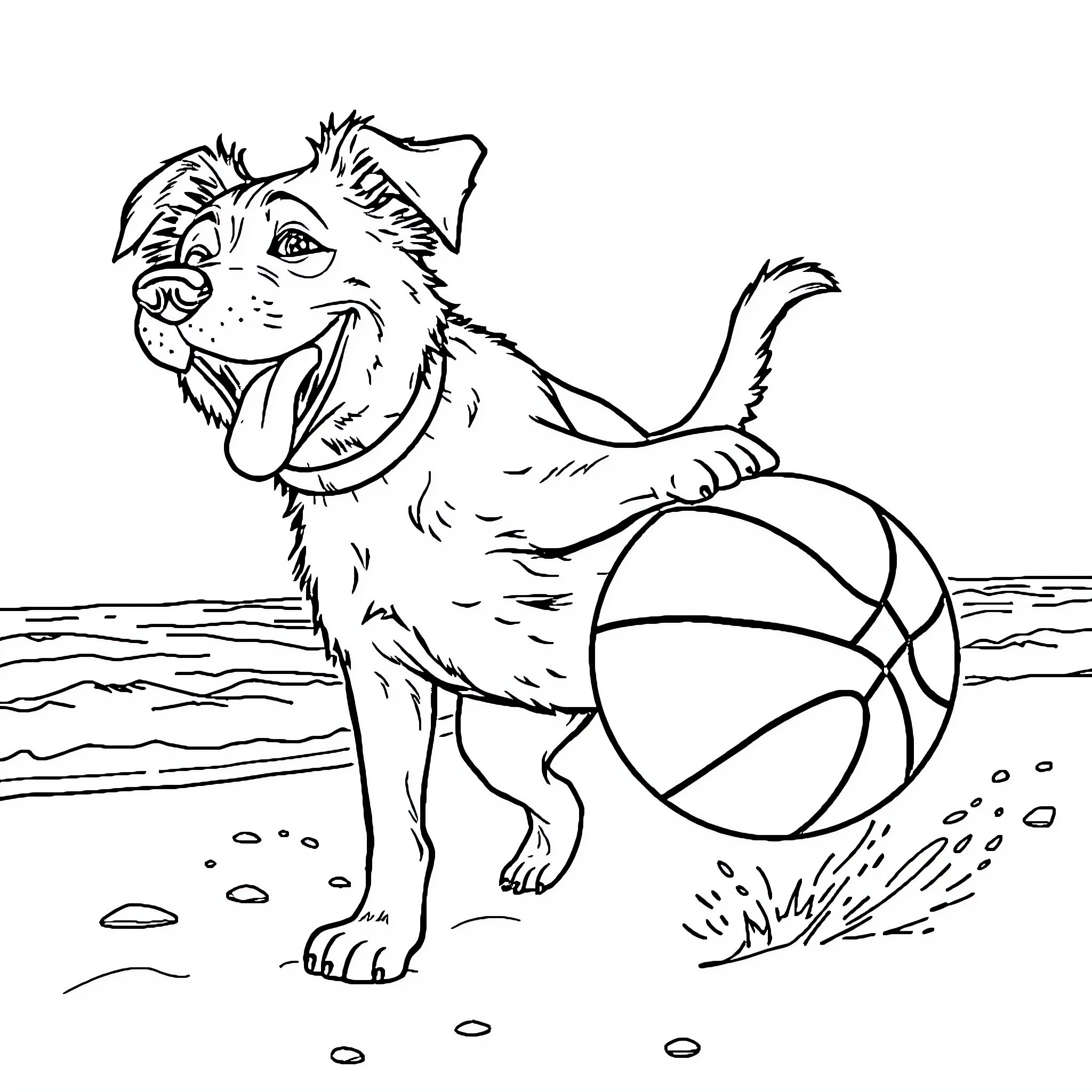Dog playing with beach ball on the shore Coloring Page (free black-and-white line drawing printable PDF for all, from beginners to advanced learners, including children, teens, adults, and seniors)