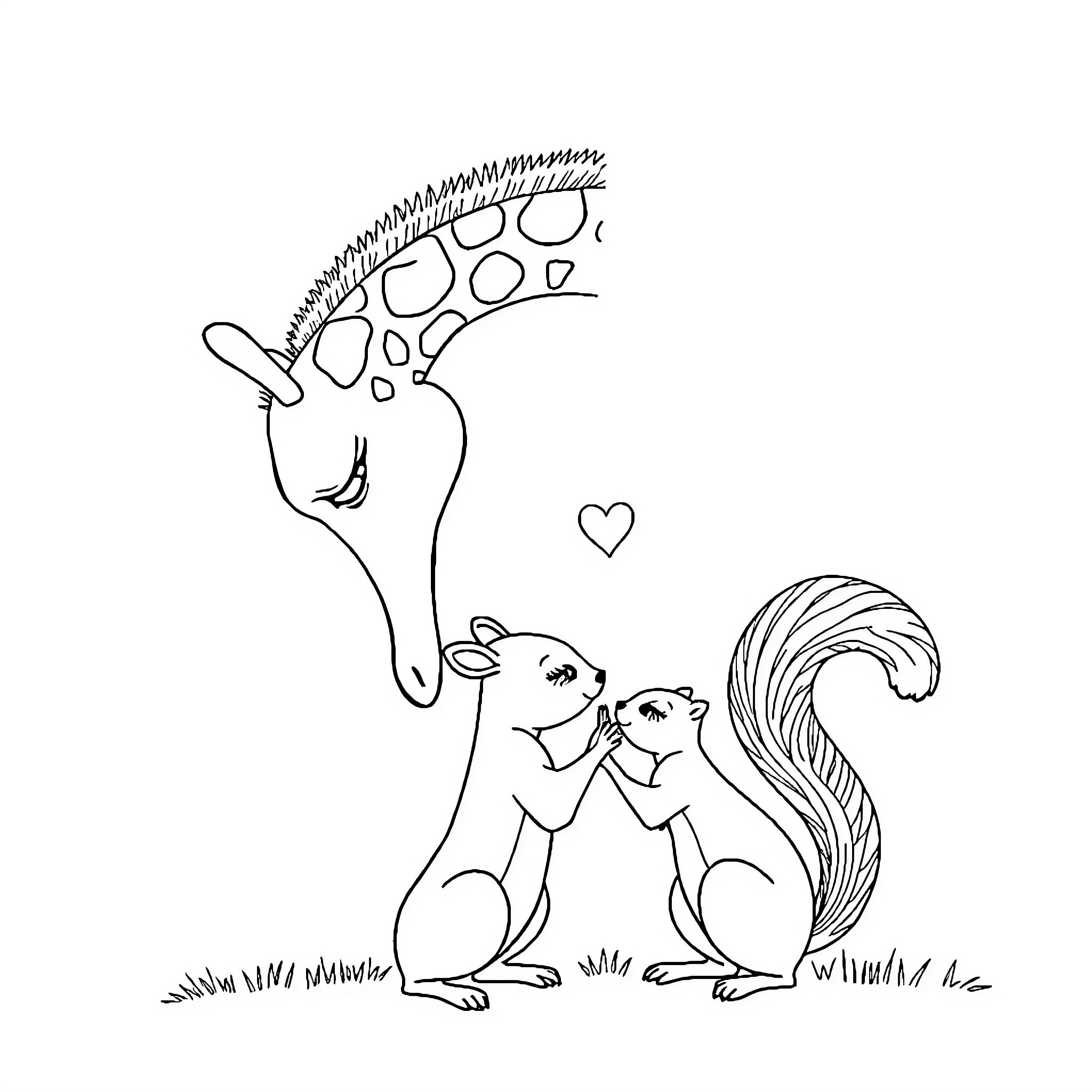 Giraffe and squirrel enjoying nature together Coloring Page (free black-and-white line drawing printable PDF for all, from beginners to advanced learners, including children, teens, adults, and seniors)