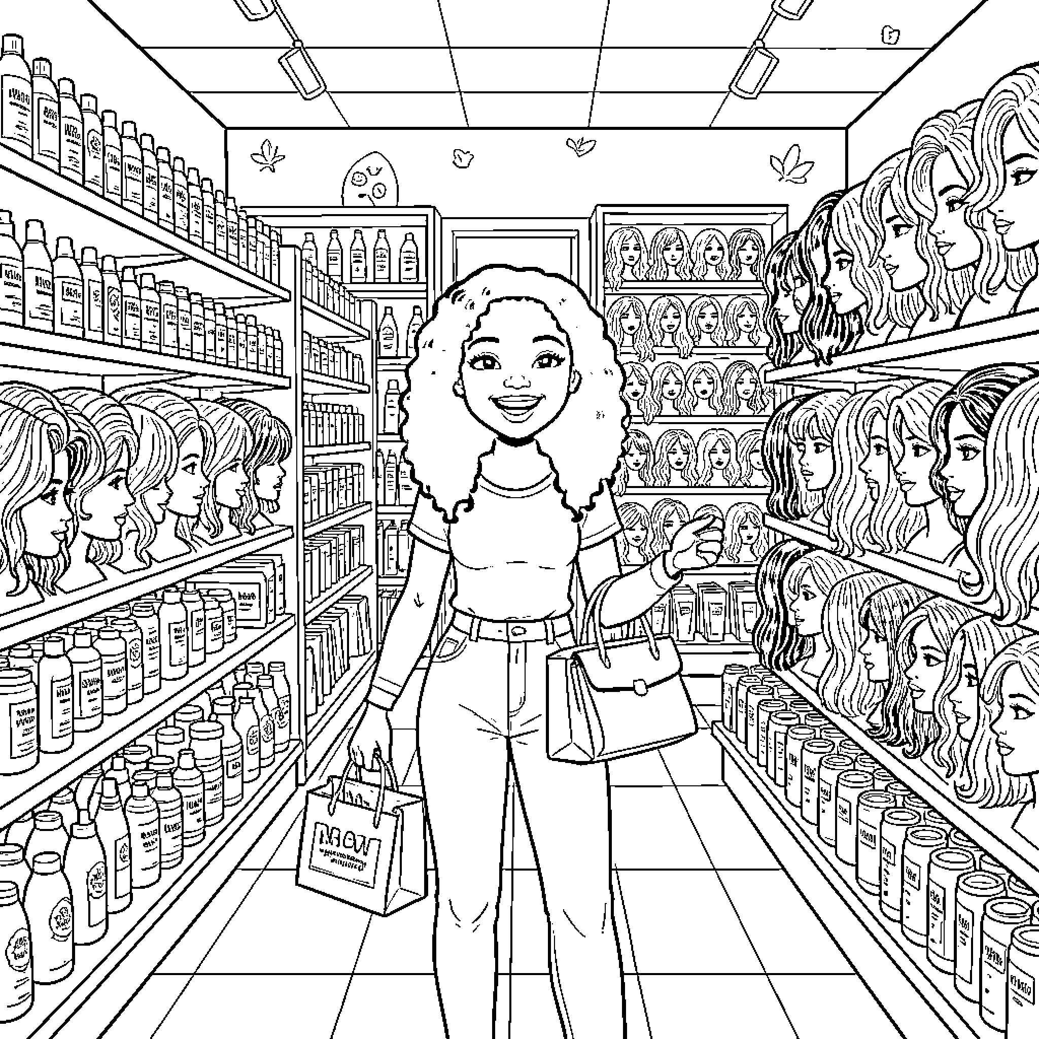 Girl shopping in a bustling store with diverse products Coloring Page (free black-and-white line drawing printable PDF for all, from beginners to advanced learners, including children, teens, adults, and seniors)