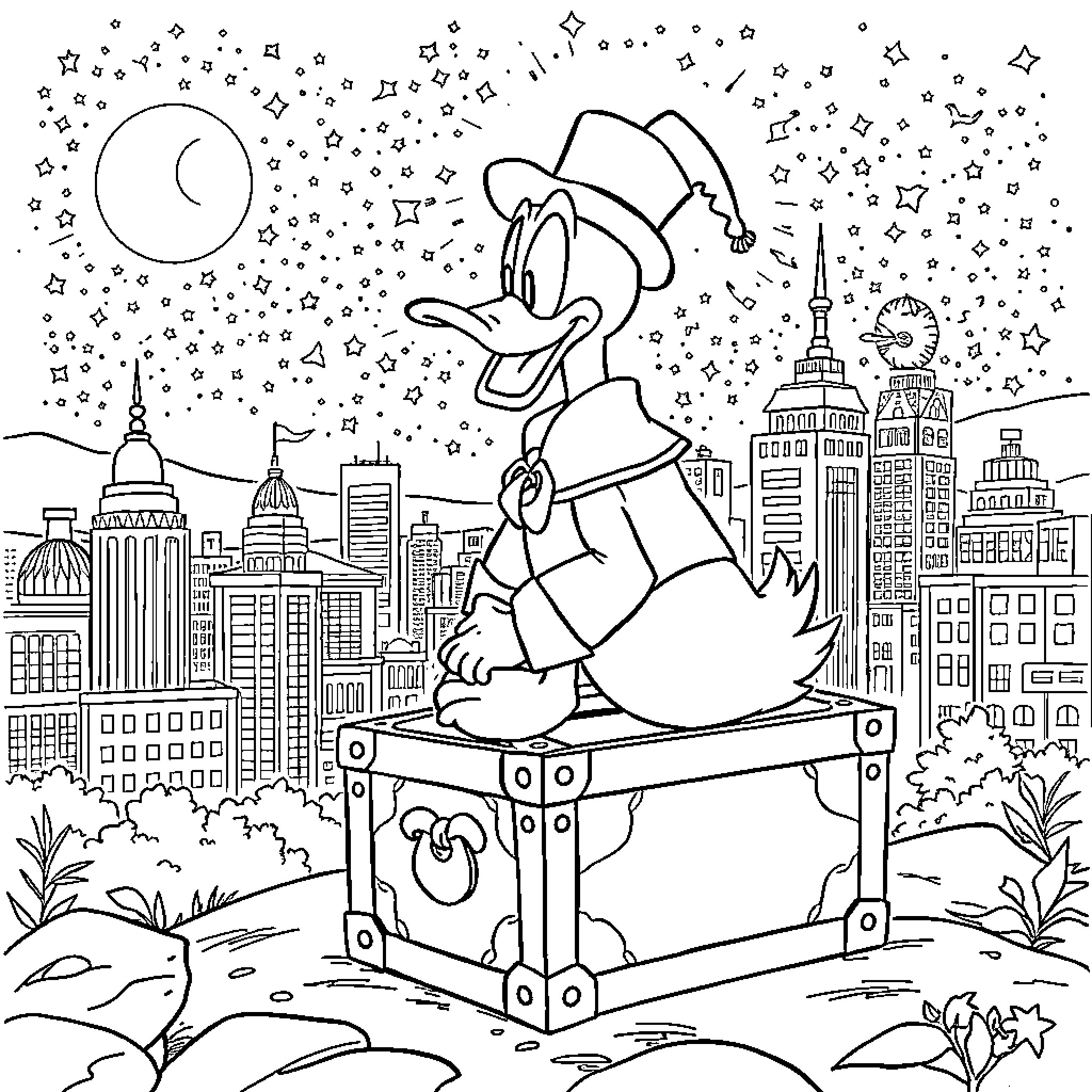 Dagobert Duck's Nighttime Adventure in the City Coloring Page (free black-and-white line drawing printable PDF for all, from beginners to advanced learners, including children, teens, adults, and seniors)