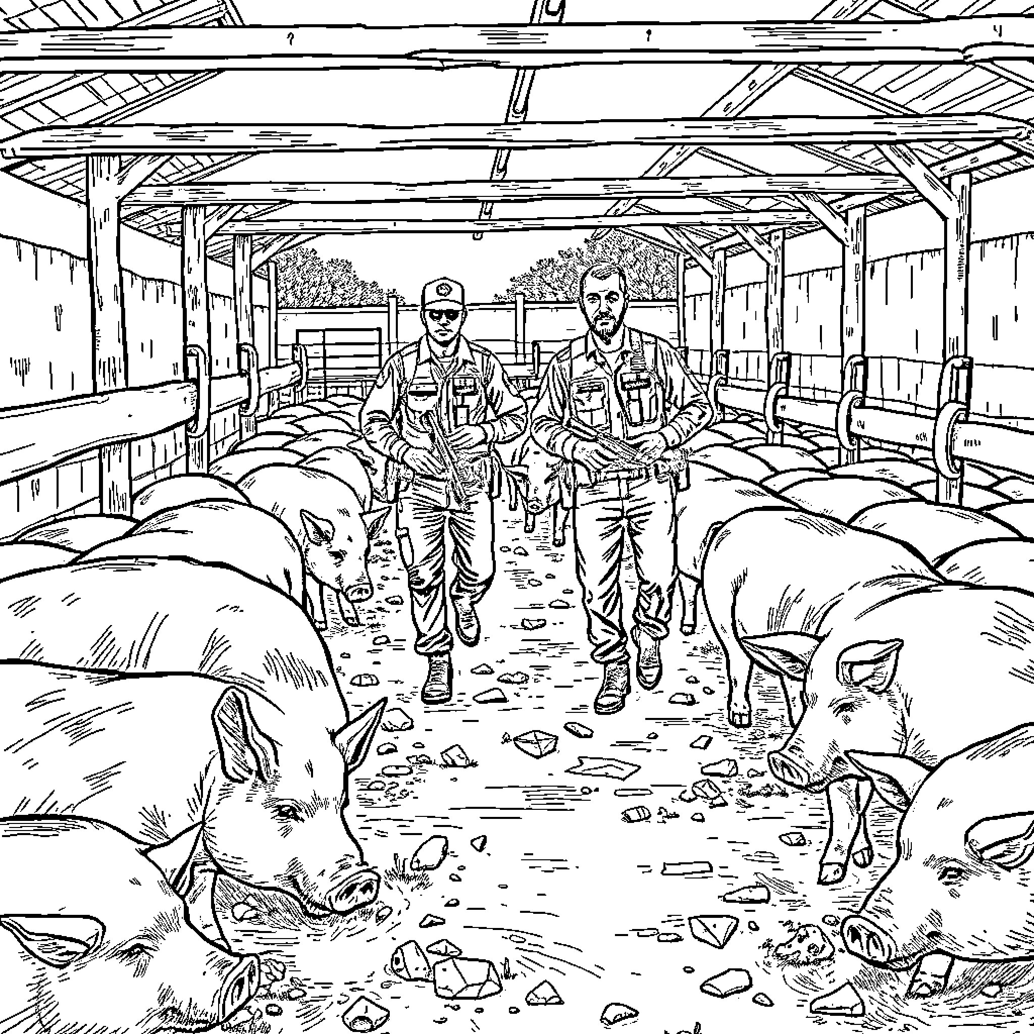 Agent's Routine at Livestock Farm Coloring Page (free black-and-white line drawing printable PDF for all, from beginners to advanced learners, including children, teens, adults, and seniors)