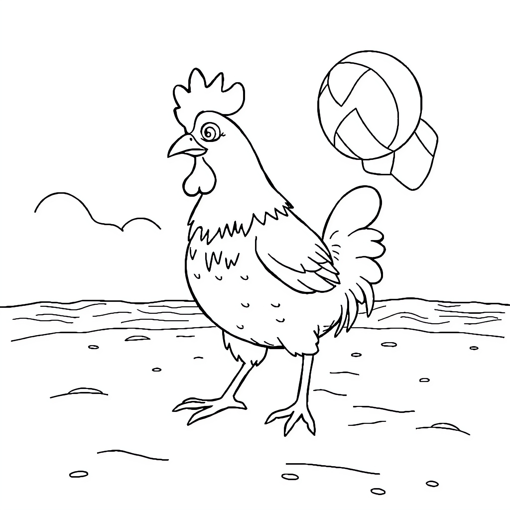 Chicken strutting in the yard Coloring Page (free black-and-white line drawing printable PDF for all, from beginners to advanced learners, including children, teens, adults, and seniors)
