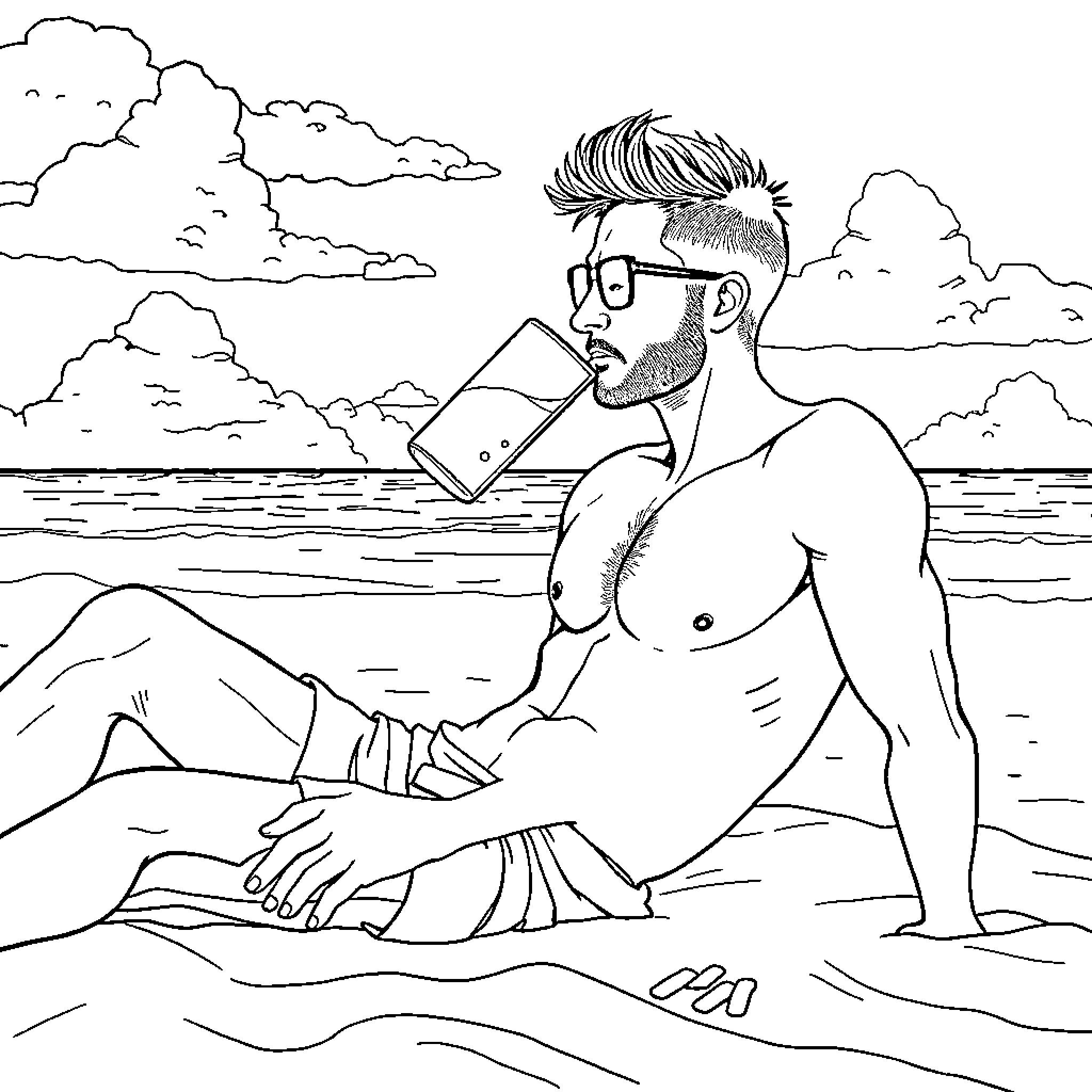 Man relaxing on the beach while drinking from a glass Coloring Page (free black-and-white line drawing printable PDF for all, from beginners to advanced learners, including children, teens, adults, and seniors)