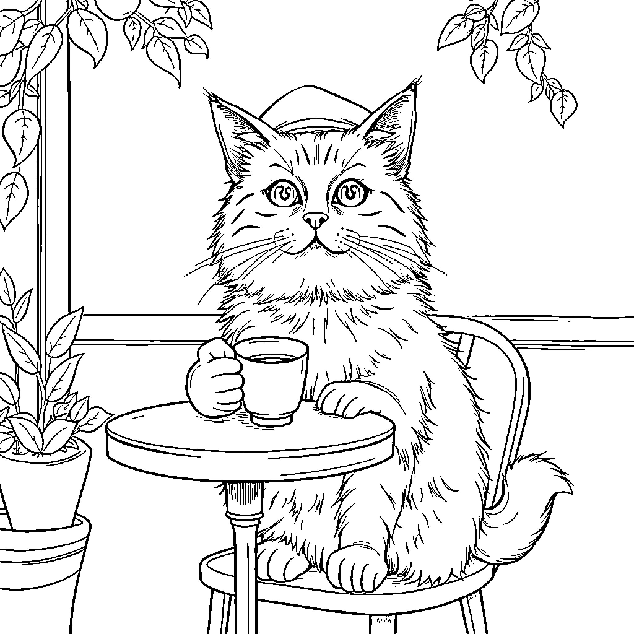 Cat enjoying a cup of coffee in a cozy indoor setting Coloring Page (free black-and-white line drawing printable PDF for all, from beginners to advanced learners, including children, teens, adults, and seniors)