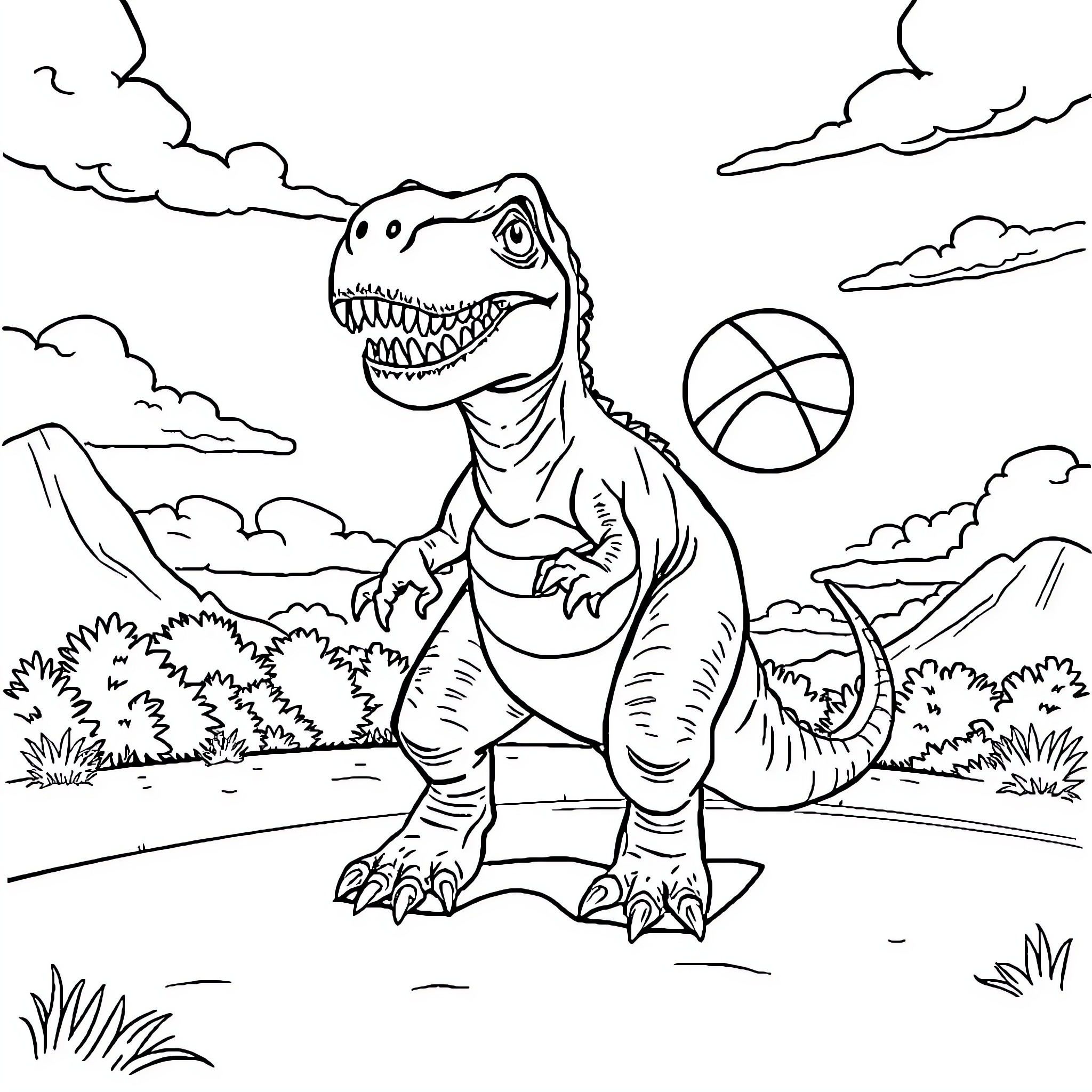 Dinosaur playing with ball in scenic landscape Coloring Page (free black-and-white line drawing printable PDF for all, from beginners to advanced learners, including children, teens, adults, and seniors)