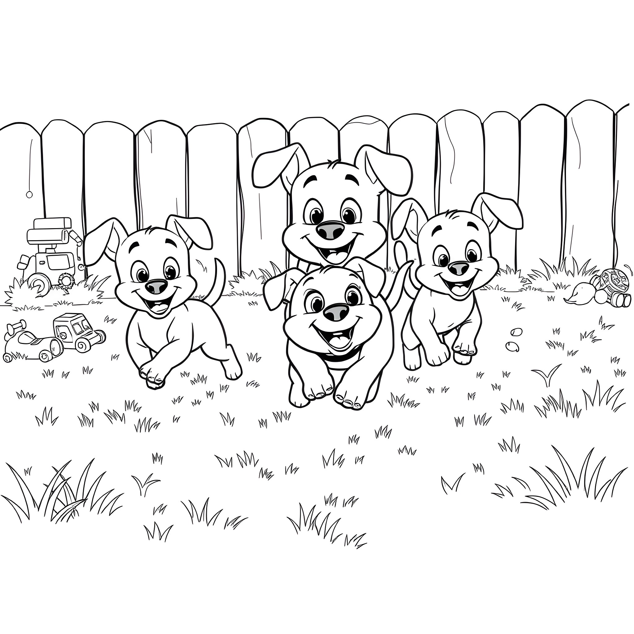 Bluey's Puppy Playtime in the Backyard Coloring Page (free black-and-white line drawing printable PDF for all, from beginners to advanced learners, including children, teens, adults, and seniors)