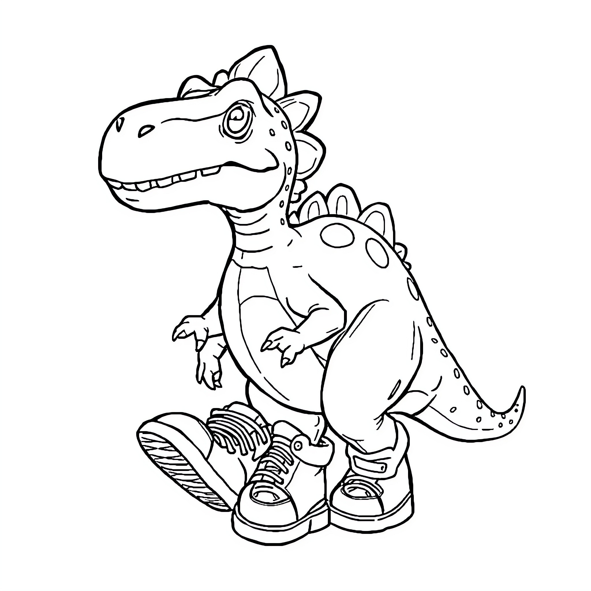 Ankylosaurus wearing sneakers and playing Coloring Page (free black-and-white line drawing printable PDF for all, from beginners to advanced learners, including children, teens, adults, and seniors)