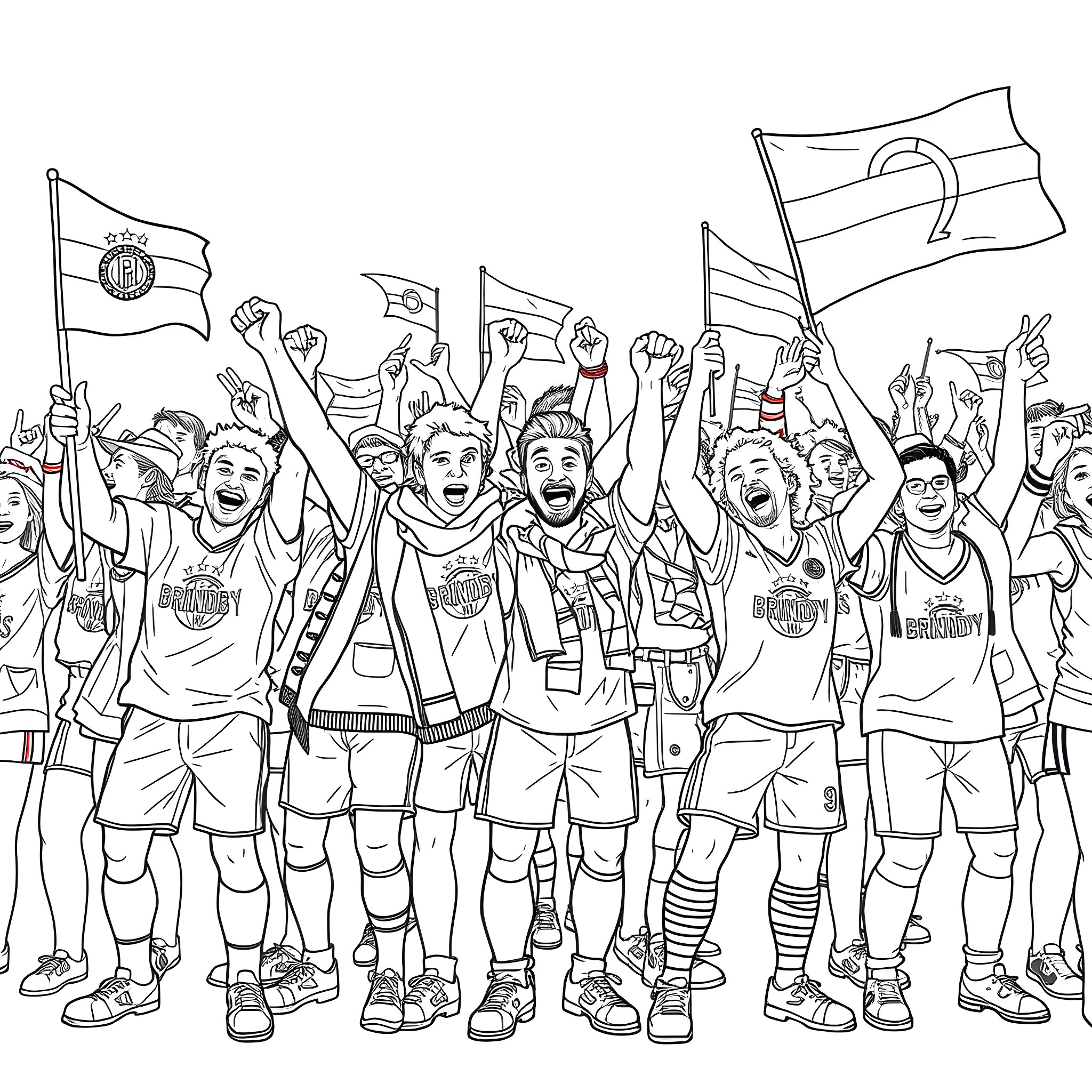 Brøndby Fan Celebrating Victory with Excited Supporters Coloring Page (free black-and-white line drawing printable PDF for all, from beginners to advanced learners, including children, teens, adults, and seniors)